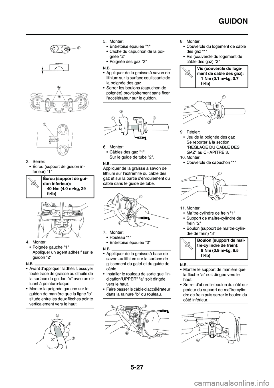 YAMAHA YZ125LC 2010  Notices Demploi (in French) 5-27
GUIDON
3. Serrer:
• Écrou (support de guidon in-
ferieur) "1"
4. Monter:
• Poignée gauche "1"
Appliquer un agent adhésif sur le 
guidon "2".
• Avant dappliquer ladhésif, essuyer 
tout