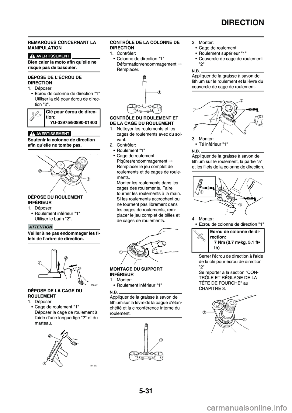 YAMAHA YZ125LC 2010 Notices Demploi (in French) 5-31
DIRECTION
REMARQUES CONCERNANT LA
MANIPULATION
Bien caler la moto afin qu’elle ne
risque pas de basculer.
DÉPOSE DE LÉCROU DE
DIRECTION
1. Déposer:
• Ecrou de colonne de direction "1"
YAMAHA YZ125LC 2010 Notices Demploi (in French) 5-31
DIRECTION
REMARQUES CONCERNANT LA
MANIPULATION
Bien caler la moto afin qu’elle ne
risque pas de basculer.
DÉPOSE DE LÉCROU DE
DIRECTION
1. Déposer:
• Ecrou de colonne de direction "1"