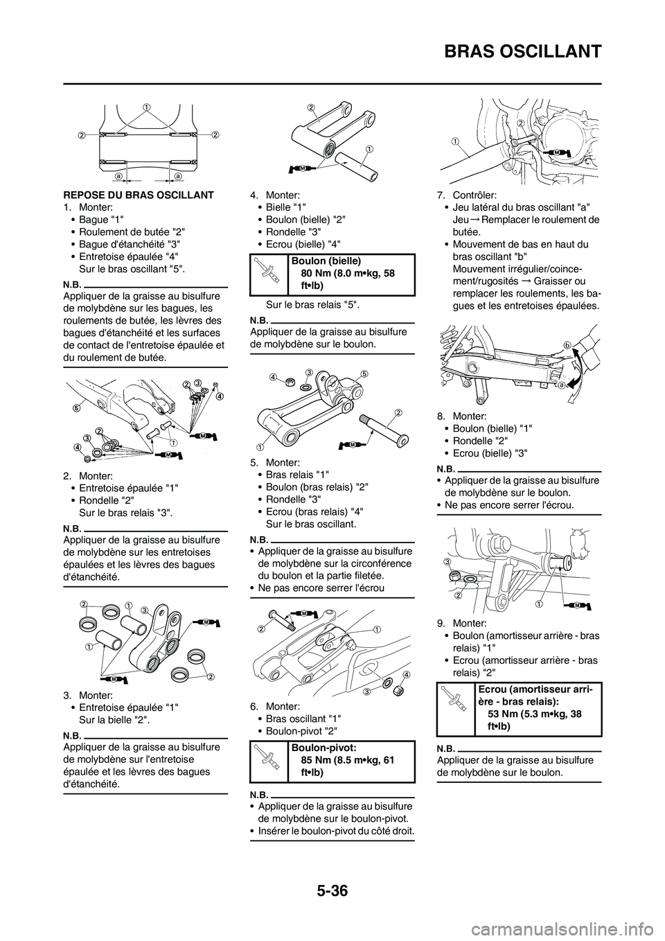 YAMAHA YZ125LC 2010 Notices Demploi (in French) 5-36
BRAS OSCILLANT
REPOSE DU BRAS OSCILLANT
1. Monter:
• Bague "1"
• Roulement de butée "2"
• Bague détanchéité "3"
• Entretoise épaulée "4"
Sur le bras oscillant "5".
Appliquer de la YAMAHA YZ125LC 2010 Notices Demploi (in French) 5-36
BRAS OSCILLANT
REPOSE DU BRAS OSCILLANT
1. Monter:
• Bague "1"
• Roulement de butée "2"
• Bague détanchéité "3"
• Entretoise épaulée "4"
Sur le bras oscillant "5".
Appliquer de la