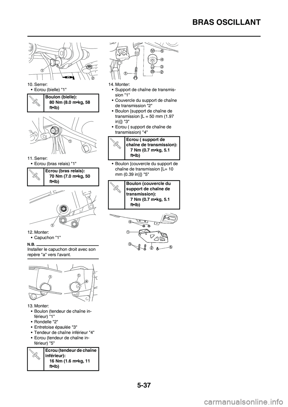 YAMAHA YZ125LC 2010 Notices Demploi (in French) 5-37
BRAS OSCILLANT
10. Serrer:
• Ecrou (bielle) "1"
11. Serrer:
• Ecrou (bras relais) "1"
12. Monter:
• Capuchon "1"
Installer le capuchon droit avec son
repère "a" vers lavant.
13. Monter:
YAMAHA YZ125LC 2010 Notices Demploi (in French) 5-37
BRAS OSCILLANT
10. Serrer:
• Ecrou (bielle) "1"
11. Serrer:
• Ecrou (bras relais) "1"
12. Monter:
• Capuchon "1"
Installer le capuchon droit avec son
repère "a" vers lavant.
13. Monter: