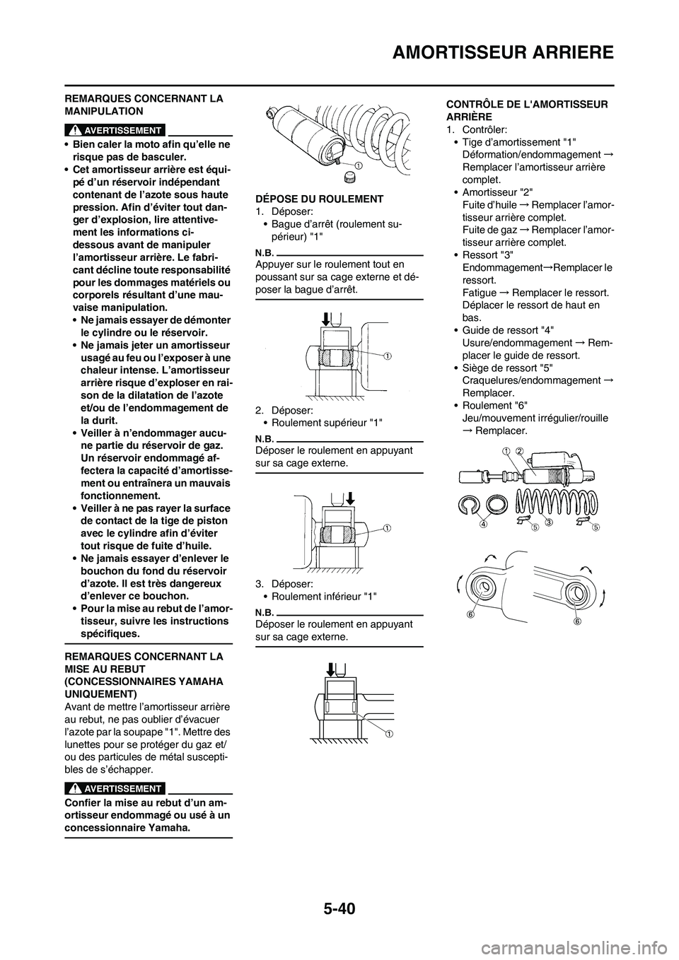 YAMAHA YZ125LC 2010 Notices Demploi (in French) 5-40
AMORTISSEUR ARRIERE
REMARQUES CONCERNANT LA
MANIPULATION
• Bien caler la moto afin qu’elle ne
risque pas de basculer.
• Cet amortisseur arrière est équi-
pé d’un réservoir indépend YAMAHA YZ125LC 2010 Notices Demploi (in French) 5-40
AMORTISSEUR ARRIERE
REMARQUES CONCERNANT LA
MANIPULATION
• Bien caler la moto afin qu’elle ne
risque pas de basculer.
• Cet amortisseur arrière est équi-
pé d’un réservoir indépend