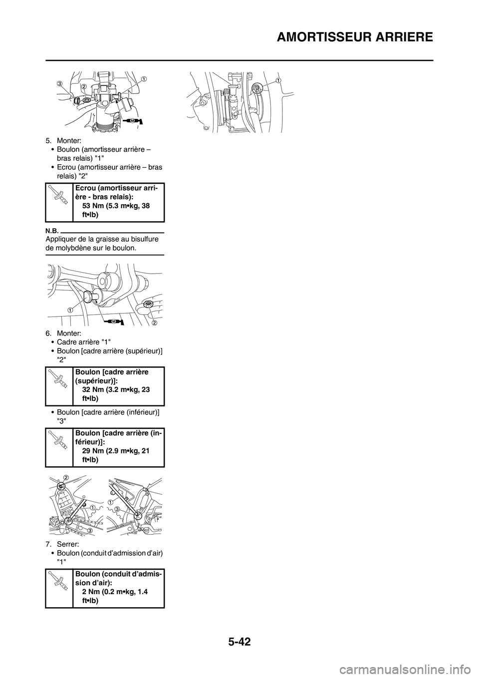YAMAHA YZ125LC 2010 Notices Demploi (in French) 5-42
AMORTISSEUR ARRIERE
5. Monter:
• Boulon (amortisseur arrière –
bras relais) "1"
• Ecrou (amortisseur arrière – bras
relais) "2"
Appliquer de la graisse au bisulfure
de molybdène sur YAMAHA YZ125LC 2010 Notices Demploi (in French) 5-42
AMORTISSEUR ARRIERE
5. Monter:
• Boulon (amortisseur arrière –
bras relais) "1"
• Ecrou (amortisseur arrière – bras
relais) "2"
Appliquer de la graisse au bisulfure
de molybdène sur