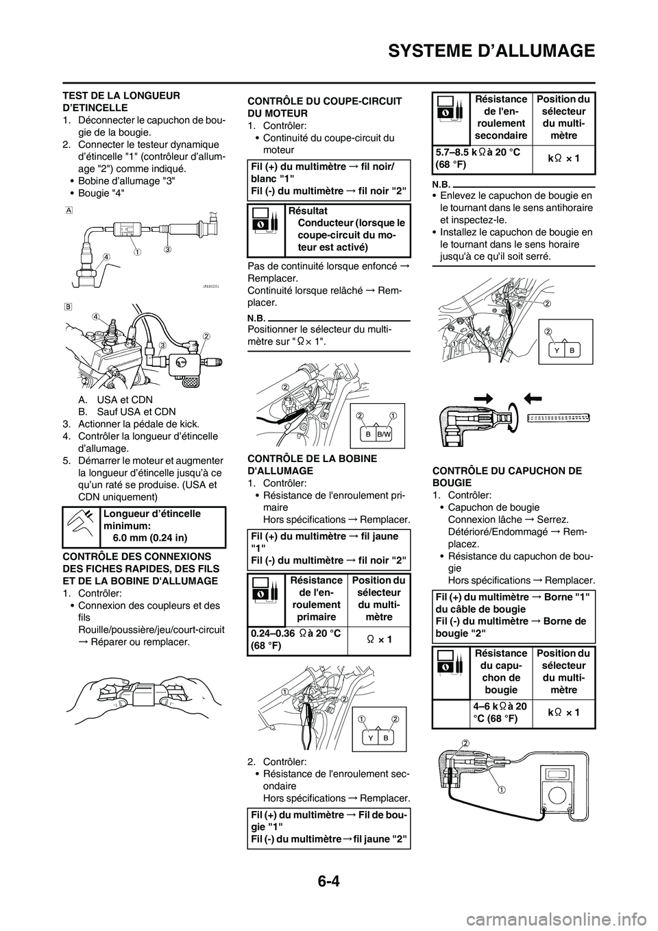 YAMAHA YZ125LC 2010 Notices Demploi (in French) 6-4
SYSTEME D’ALLUMAGE
TEST DE LA LONGUEUR
D’ETINCELLE
1. Déconnecter le capuchon de bou-
gie de la bougie.
2. Connecter le testeur dynamique
d’étincelle "1" (contrôleur d’allum-
age "2") YAMAHA YZ125LC 2010 Notices Demploi (in French) 6-4
SYSTEME D’ALLUMAGE
TEST DE LA LONGUEUR
D’ETINCELLE
1. Déconnecter le capuchon de bou-
gie de la bougie.
2. Connecter le testeur dynamique
d’étincelle "1" (contrôleur d’allum-
age "2")