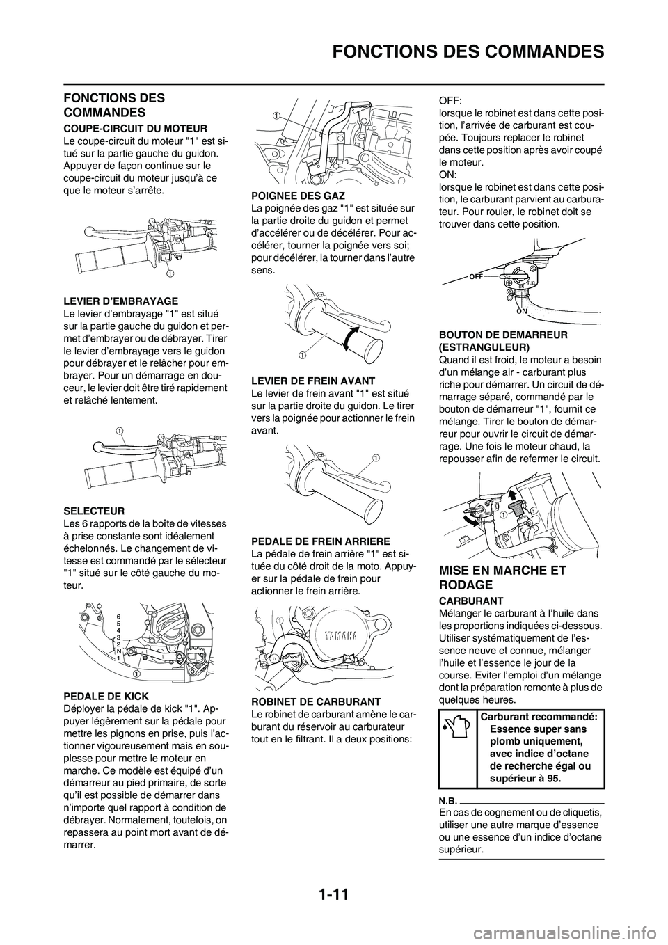 YAMAHA YZ125LC 2010  Notices Demploi (in French) 1-11
FONCTIONS DES COMMANDES
FONCTIONS DES 
COMMANDES
COUPE-CIRCUIT DU MOTEUR
Le coupe-circuit du moteur "1" est si-
tué sur la partie gauche du guidon. 
Appuyer de façon continue sur le 
coupe-circ