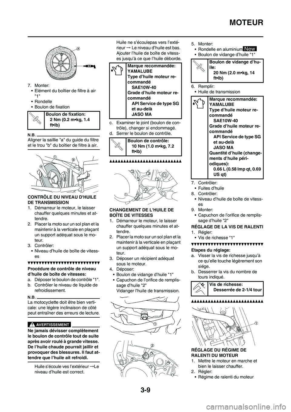 YAMAHA YZ125LC 2010 Notices Demploi (in French) 3-9
MOTEUR
7. Monter:
• Elément du boîtier de filtre à air
"1"
• Rondelle
• Boulon de fixation
Aligner la saillie "a" du guide du filtre
et le trou "b" du boîtier de filtre à air.
CONTRÔ YAMAHA YZ125LC 2010 Notices Demploi (in French) 3-9
MOTEUR
7. Monter:
• Elément du boîtier de filtre à air
"1"
• Rondelle
• Boulon de fixation
Aligner la saillie "a" du guide du filtre
et le trou "b" du boîtier de filtre à air.
CONTRÔ