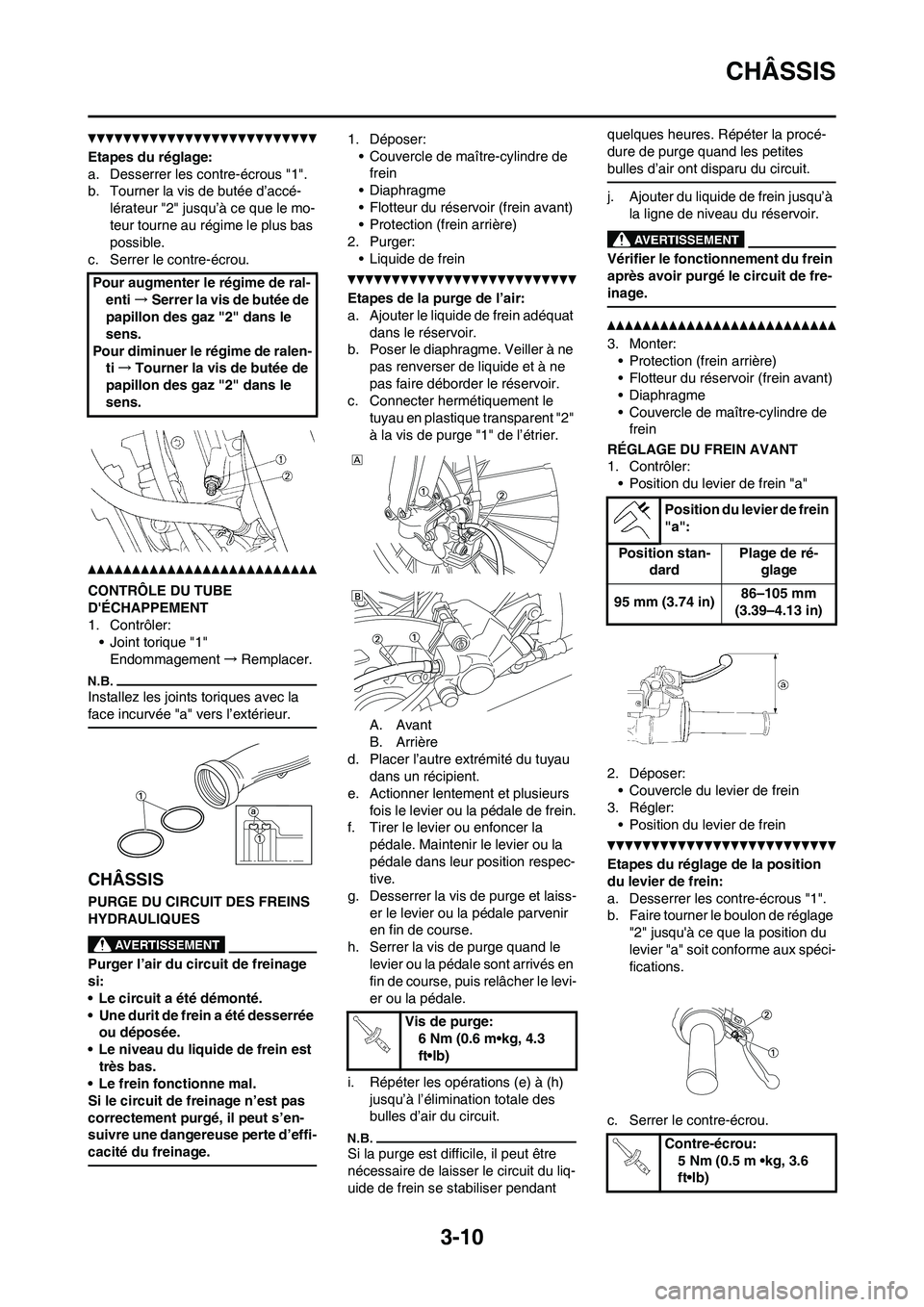 YAMAHA YZ125LC 2010 Notices Demploi (in French) 3-10
CHÂSSIS
Etapes du réglage:
a. Desserrer les contre-écrous "1".
b. Tourner la vis de butée d’accé-
lérateur "2" jusqu’à ce que le mo-
teur tourne au régime le plus bas
possible.
c. S YAMAHA YZ125LC 2010 Notices Demploi (in French) 3-10
CHÂSSIS
Etapes du réglage:
a. Desserrer les contre-écrous "1".
b. Tourner la vis de butée d’accé-
lérateur "2" jusqu’à ce que le mo-
teur tourne au régime le plus bas
possible.
c. S