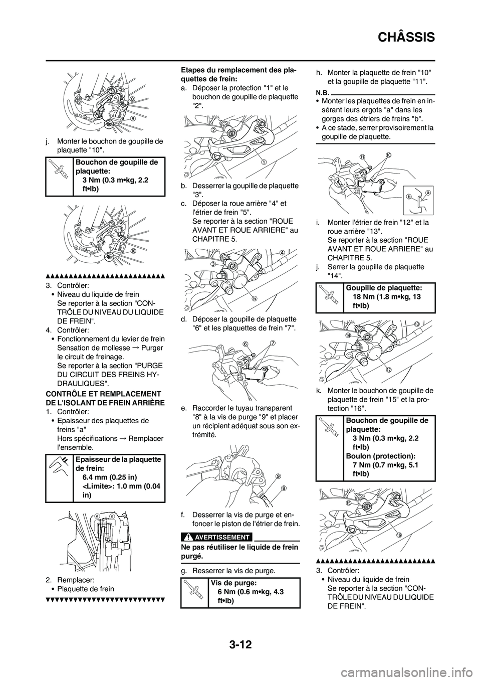 YAMAHA YZ125LC 2010 Notices Demploi (in French) 3-12
CHÂSSIS
j. Monter le bouchon de goupille de
plaquette "10".
3. Contrôler:
• Niveau du liquide de frein
Se reporter à la section "CON-
TRÔLE DU NIVEAU DU LIQUIDE
DE FREIN".
4. Contrôler:
YAMAHA YZ125LC 2010 Notices Demploi (in French) 3-12
CHÂSSIS
j. Monter le bouchon de goupille de
plaquette "10".
3. Contrôler:
• Niveau du liquide de frein
Se reporter à la section "CON-
TRÔLE DU NIVEAU DU LIQUIDE
DE FREIN".
4. Contrôler: