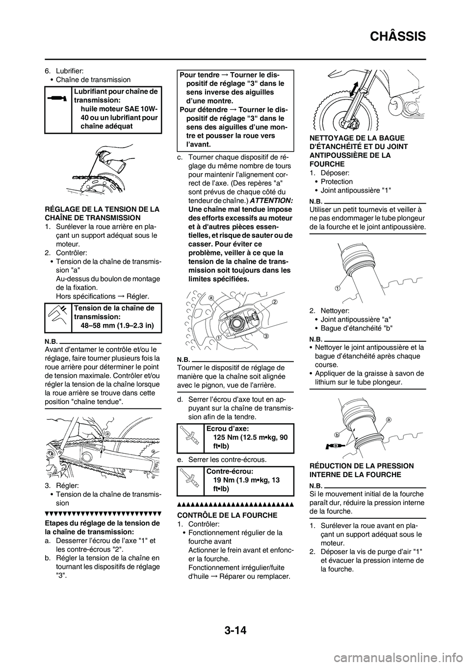 YAMAHA YZ125LC 2010 Notices Demploi (in French) 3-14
CHÂSSIS
6. Lubrifier:
• Chaîne de transmission
RÉGLAGE DE LA TENSION DE LA
CHAÎNE DE TRANSMISSION
1. Surélever la roue arrière en pla-
çant un support adéquat sous le
moteur.
2. Contr YAMAHA YZ125LC 2010 Notices Demploi (in French) 3-14
CHÂSSIS
6. Lubrifier:
• Chaîne de transmission
RÉGLAGE DE LA TENSION DE LA
CHAÎNE DE TRANSMISSION
1. Surélever la roue arrière en pla-
çant un support adéquat sous le
moteur.
2. Contr