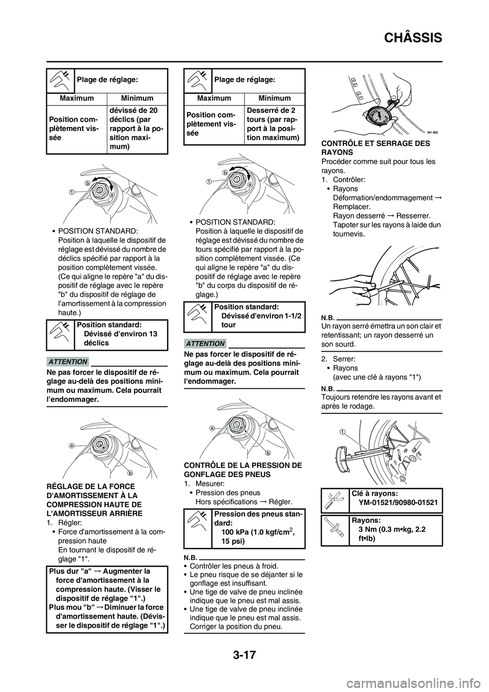 YAMAHA YZ125LC 2010 Notices Demploi (in French) 3-17
CHÂSSIS
• POSITION STANDARD:
Position à laquelle le dispositif de
réglage est dévissé du nombre de
déclics spécifié par rapport à la
position complètement vissée.
(Ce qui aligne YAMAHA YZ125LC 2010 Notices Demploi (in French) 3-17
CHÂSSIS
• POSITION STANDARD:
Position à laquelle le dispositif de
réglage est dévissé du nombre de
déclics spécifié par rapport à la
position complètement vissée.
(Ce qui aligne