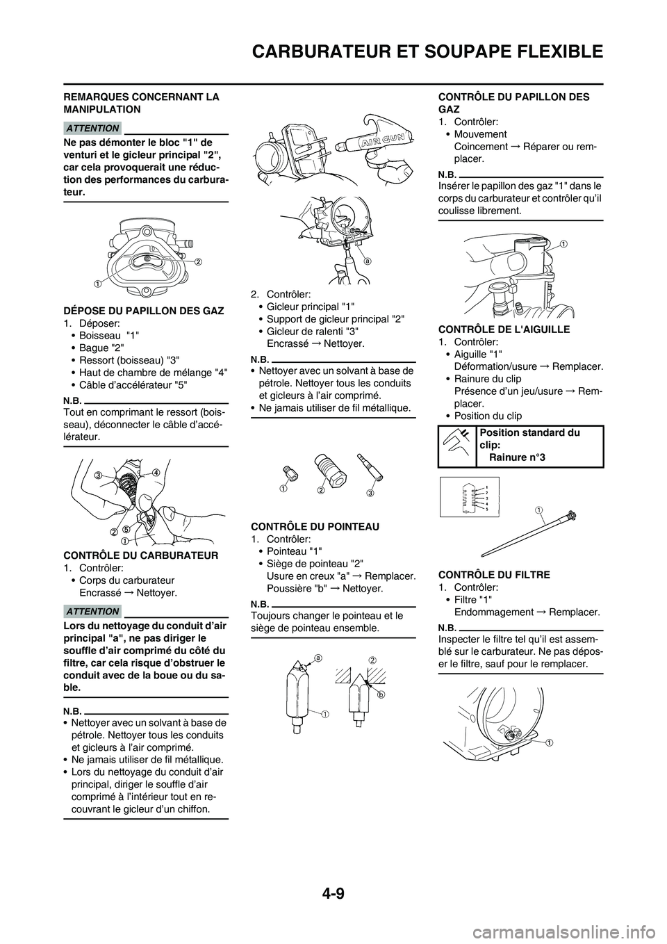 YAMAHA YZ125LC 2010 Notices Demploi (in French) 4-9
CARBURATEUR ET SOUPAPE FLEXIBLE
REMARQUES CONCERNANT LA
MANIPULATION
Ne pas démonter le bloc "1" de
venturi et le gicleur principal "2",
car cela provoquerait une réduc-
tion des performances YAMAHA YZ125LC 2010 Notices Demploi (in French) 4-9
CARBURATEUR ET SOUPAPE FLEXIBLE
REMARQUES CONCERNANT LA
MANIPULATION
Ne pas démonter le bloc "1" de
venturi et le gicleur principal "2",
car cela provoquerait une réduc-
tion des performances