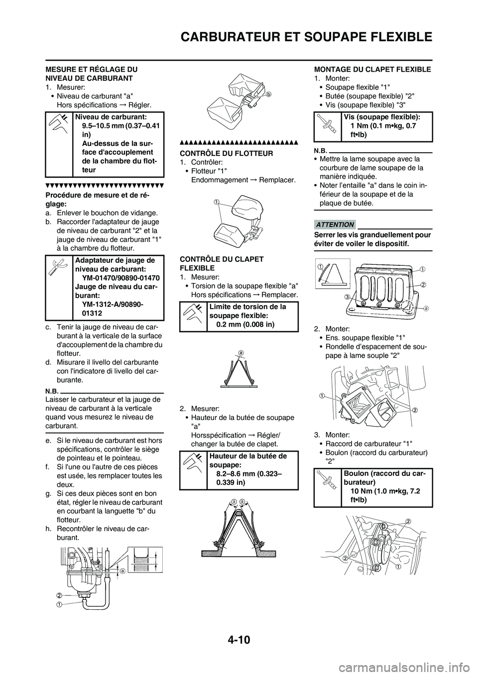 YAMAHA YZ125LC 2010 Notices Demploi (in French) 4-10
CARBURATEUR ET SOUPAPE FLEXIBLE
MESURE ET RÉGLAGE DU
NIVEAU DE CARBURANT
1. Mesurer:
• Niveau de carburant "a"
Hors spécifications→Régler.
Procédure de mesure et de ré-
glage:
a. Enleve YAMAHA YZ125LC 2010 Notices Demploi (in French) 4-10
CARBURATEUR ET SOUPAPE FLEXIBLE
MESURE ET RÉGLAGE DU
NIVEAU DE CARBURANT
1. Mesurer:
• Niveau de carburant "a"
Hors spécifications→Régler.
Procédure de mesure et de ré-
glage:
a. Enleve