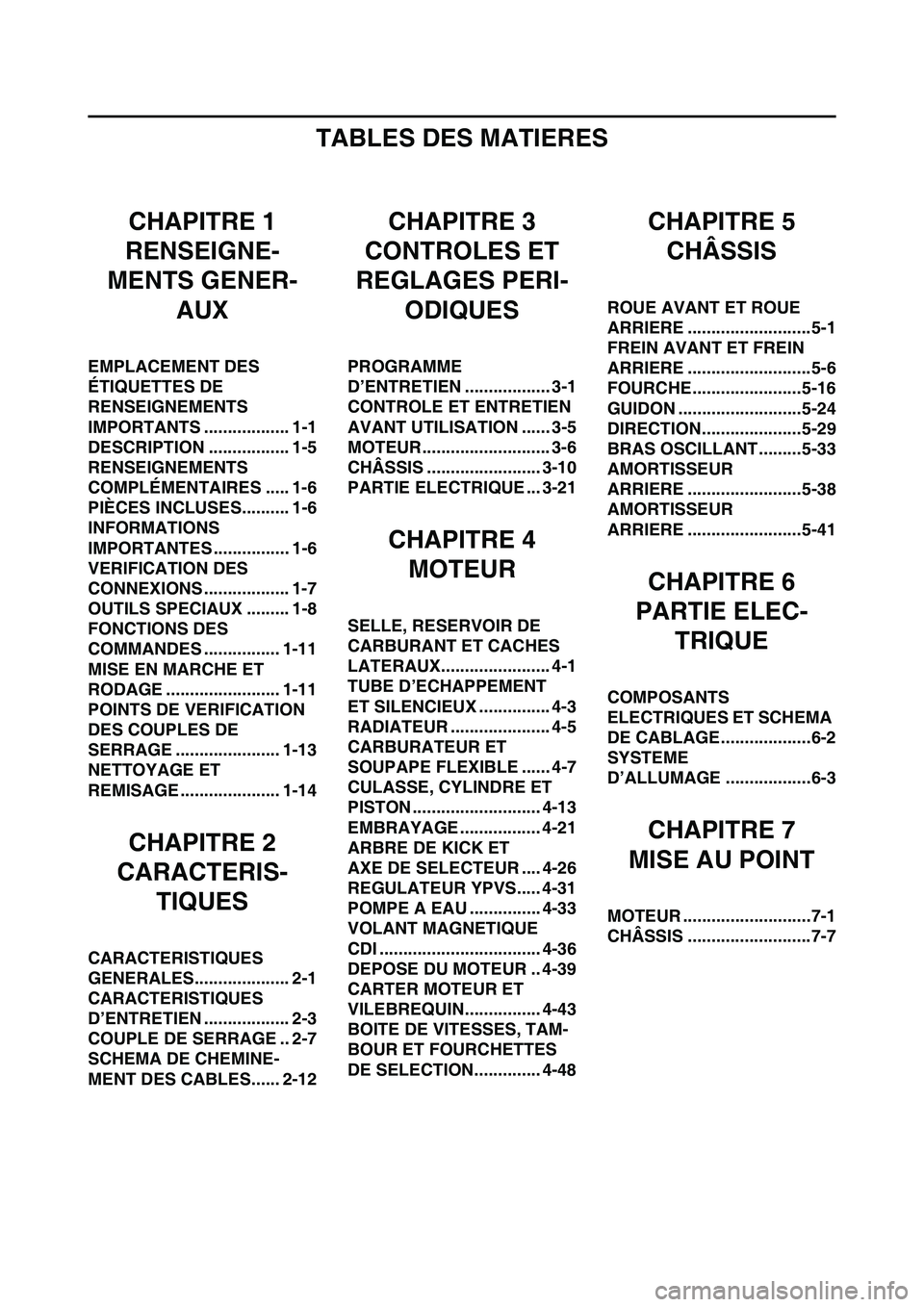 YAMAHA YZ125LC 2010  Notices Demploi (in French) TABLES DES MATIERES
CHAPITRE 1
RENSEIGNE-
MENTS GENER-
AUX
EMPLACEMENT DES 
ÉTIQUETTES DE 
RENSEIGNEMENTS 
IMPORTANTS .................. 1-1
DESCRIPTION ................. 1-5
RENSEIGNEMENTS 
COMPLÉM