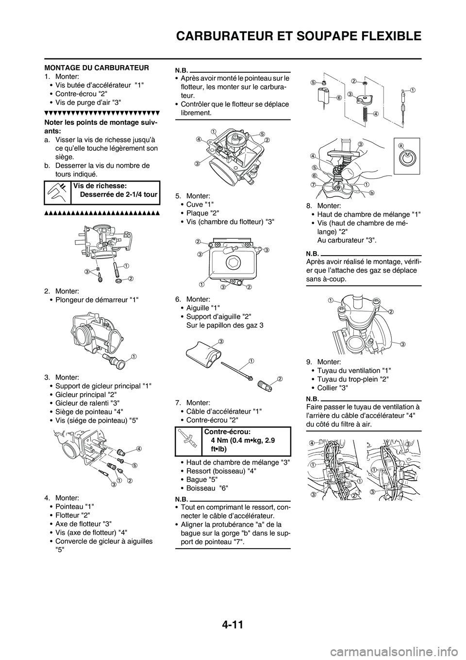 YAMAHA YZ125LC 2010 Notices Demploi (in French) 4-11
CARBURATEUR ET SOUPAPE FLEXIBLE
MONTAGE DU CARBURATEUR
1. Monter:
• Vis butée d’accélérateur "1"
• Contre-écrou "2"
• Vis de purge d’air "3"
Noter les points de montage suiv-
ants: YAMAHA YZ125LC 2010 Notices Demploi (in French) 4-11
CARBURATEUR ET SOUPAPE FLEXIBLE
MONTAGE DU CARBURATEUR
1. Monter:
• Vis butée d’accélérateur "1"
• Contre-écrou "2"
• Vis de purge d’air "3"
Noter les points de montage suiv-
ants: