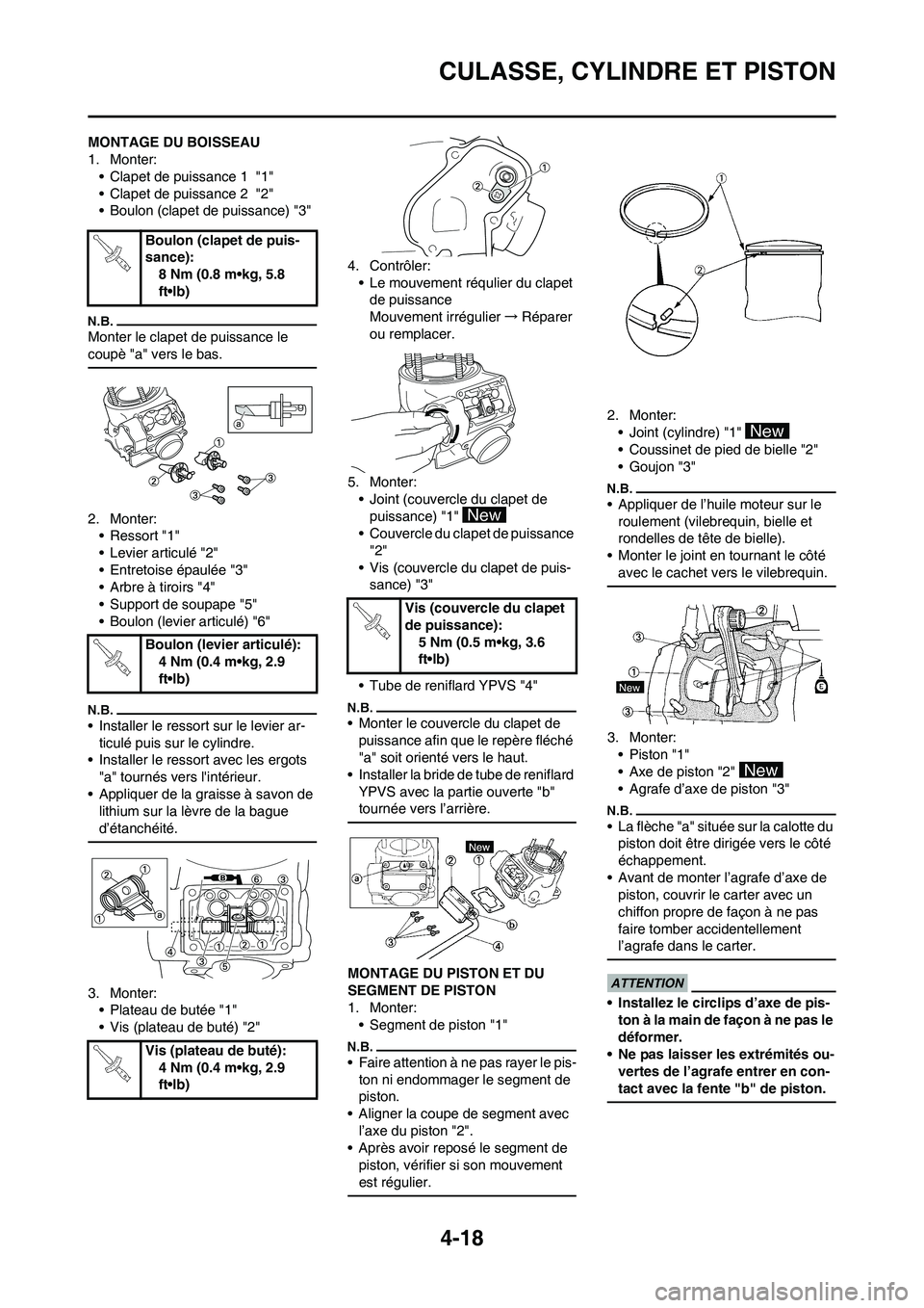 YAMAHA YZ125LC 2010 Notices Demploi (in French) 4-18
CULASSE, CYLINDRE ET PISTON
MONTAGE DU BOISSEAU
1. Monter:
• Clapet de puissance 1 "1"
• Clapet de puissance 2 "2"
• Boulon (clapet de puissance) "3"
Monter le clapet de puissance le
cou YAMAHA YZ125LC 2010 Notices Demploi (in French) 4-18
CULASSE, CYLINDRE ET PISTON
MONTAGE DU BOISSEAU
1. Monter:
• Clapet de puissance 1 "1"
• Clapet de puissance 2 "2"
• Boulon (clapet de puissance) "3"
Monter le clapet de puissance le
cou