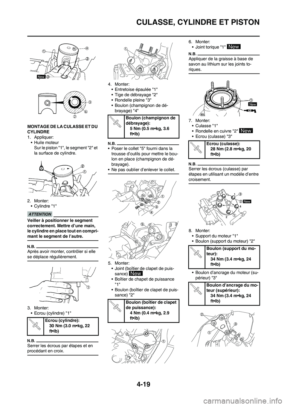 YAMAHA YZ125LC 2010 Notices Demploi (in French) 4-19
CULASSE, CYLINDRE ET PISTON
MONTAGE DE LA CULASSE ET DU
CYLINDRE
1. Appliquer:
• Huile moteur
Sur le piston "1", le segment "2" et
la surface de cylindre.
2. Monter:
• Cylindre "1"
Veiller YAMAHA YZ125LC 2010 Notices Demploi (in French) 4-19
CULASSE, CYLINDRE ET PISTON
MONTAGE DE LA CULASSE ET DU
CYLINDRE
1. Appliquer:
• Huile moteur
Sur le piston "1", le segment "2" et
la surface de cylindre.
2. Monter:
• Cylindre "1"
Veiller