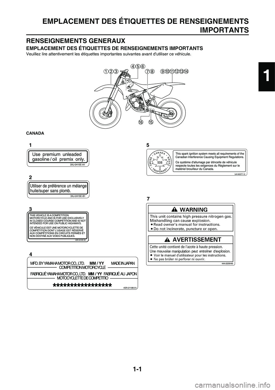 YAMAHA YZ125LC 2010 Notices Demploi (in French) 1-1
EMPLACEMENT DES ÉTIQUETTES DE RENSEIGNEMENTS
IMPORTANTS
RENSEIGNEMENTS GENERAUX
EMPLACEMENT DES ÉTIQUETTES DE RENSEIGNEMENTS IMPORTANTS
Veuillez lire attentivement les étiquettes importantes su YAMAHA YZ125LC 2010 Notices Demploi (in French) 1-1
EMPLACEMENT DES ÉTIQUETTES DE RENSEIGNEMENTS
IMPORTANTS
RENSEIGNEMENTS GENERAUX
EMPLACEMENT DES ÉTIQUETTES DE RENSEIGNEMENTS IMPORTANTS
Veuillez lire attentivement les étiquettes importantes su