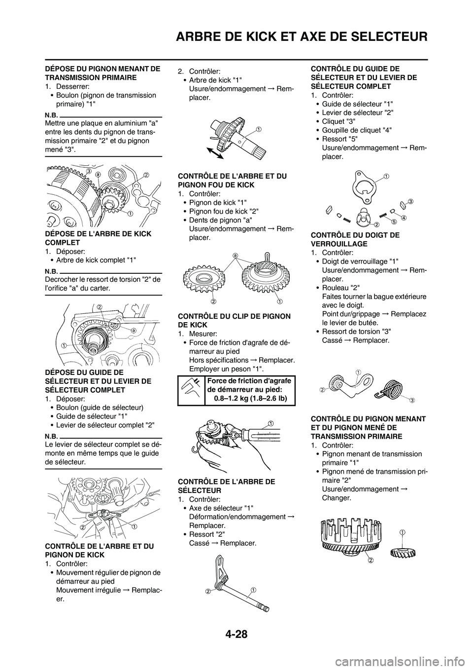 YAMAHA YZ125LC 2010  Notices Demploi (in French) 4-28
ARBRE DE KICK ET AXE DE SELECTEUR
DÉPOSE DU PIGNON MENANT DE 
TRANSMISSION PRIMAIRE
1. Desserrer:
• Boulon (pignon de transmission 
primaire) "1"
Mettre une plaque en aluminium "a" 
entre les 