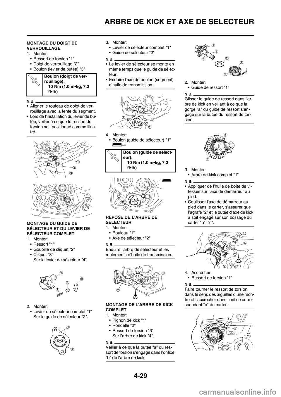 YAMAHA YZ125LC 2010  Notices Demploi (in French) 4-29
ARBRE DE KICK ET AXE DE SELECTEUR
MONTAGE DU DOIGT DE 
VERROUILLAGE
1. Monter:
• Ressort de torsion "1"
• Doigt de verrouillage "2"
• Boulon (levier de butée) "3"
• Aligner le rouleau de