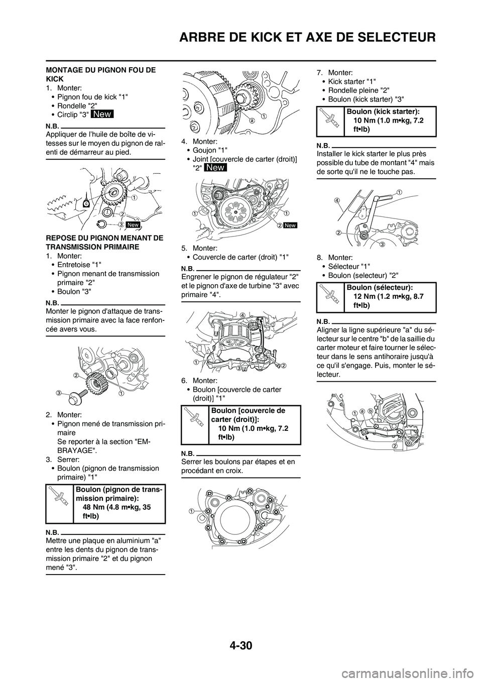 YAMAHA YZ125LC 2010  Notices Demploi (in French) 4-30
ARBRE DE KICK ET AXE DE SELECTEUR
MONTAGE DU PIGNON FOU DE 
KICK
1. Monter:
• Pignon fou de kick "1"
• Rondelle "2"
• Circlip "3" 
Appliquer de l’huile de boîte de vi-
tesses sur le moye