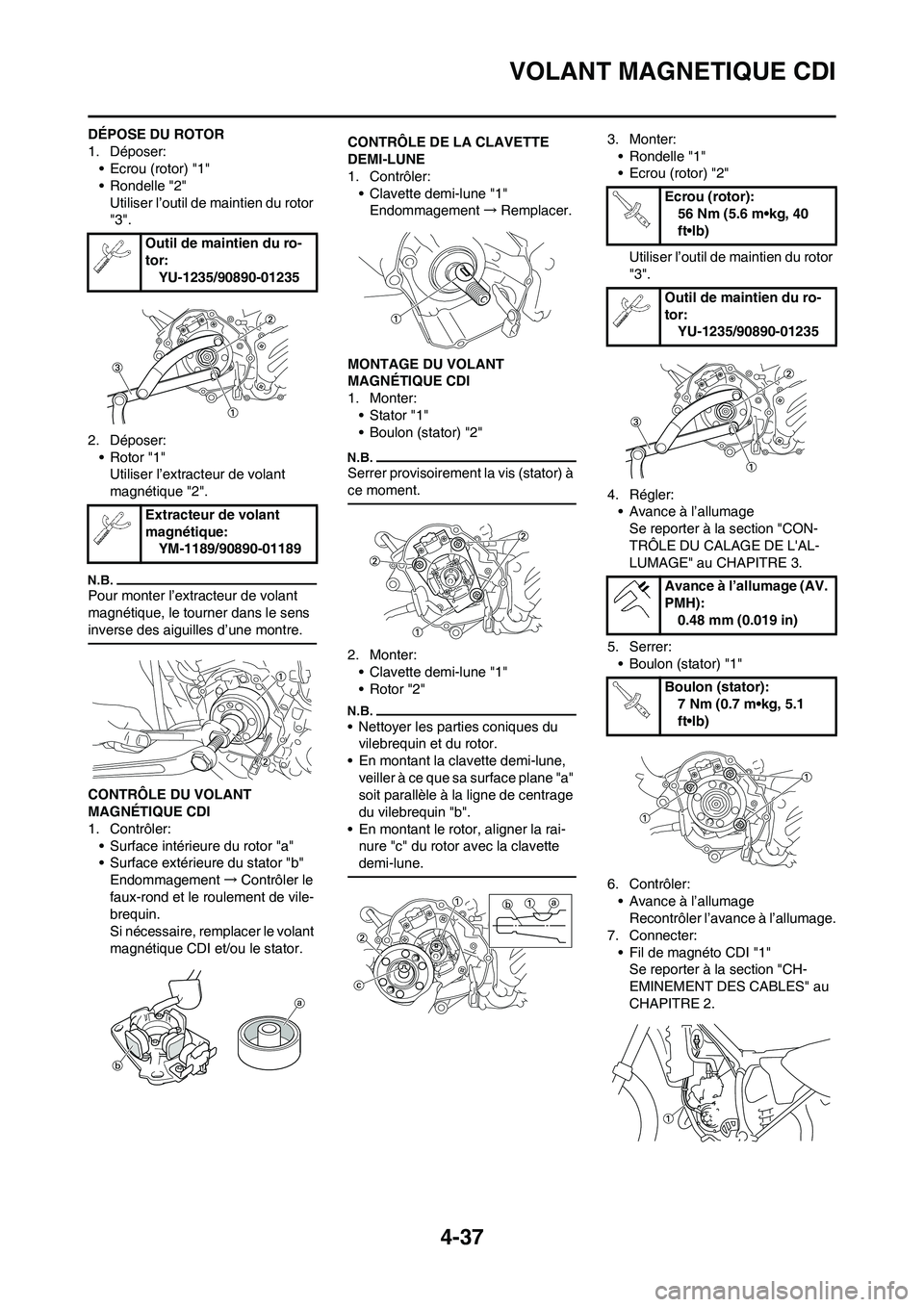 YAMAHA YZ125LC 2010 Notices Demploi (in French) 4-37
VOLANT MAGNETIQUE CDI
DÉPOSE DU ROTOR
1. Déposer:
• Ecrou (rotor) "1"
• Rondelle "2"
Utiliser l’outil de maintien du rotor
"3".
2. Déposer:
• Rotor "1"
Utiliser l’extracteur de vola YAMAHA YZ125LC 2010 Notices Demploi (in French) 4-37
VOLANT MAGNETIQUE CDI
DÉPOSE DU ROTOR
1. Déposer:
• Ecrou (rotor) "1"
• Rondelle "2"
Utiliser l’outil de maintien du rotor
"3".
2. Déposer:
• Rotor "1"
Utiliser l’extracteur de vola