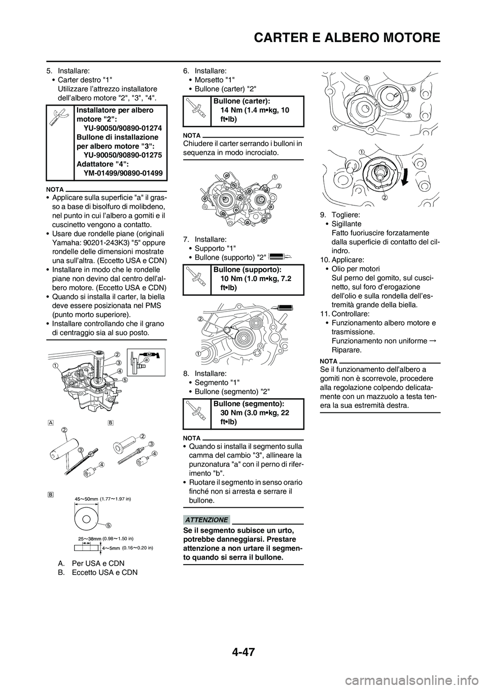 YAMAHA YZ125LC 2010 Manuale duso (in Italian) 4-47
CARTER E ALBERO MOTORE
5. Installare:
• Carter destro "1"
Utilizzare l’attrezzo installatore
dell’albero motore "2", "3", "4".
• Applicare sulla superficie "a" il gras-
so a base di biso YAMAHA YZ125LC 2010 Manuale duso (in Italian) 4-47
CARTER E ALBERO MOTORE
5. Installare:
• Carter destro "1"
Utilizzare l’attrezzo installatore
dell’albero motore "2", "3", "4".
• Applicare sulla superficie "a" il gras-
so a base di biso