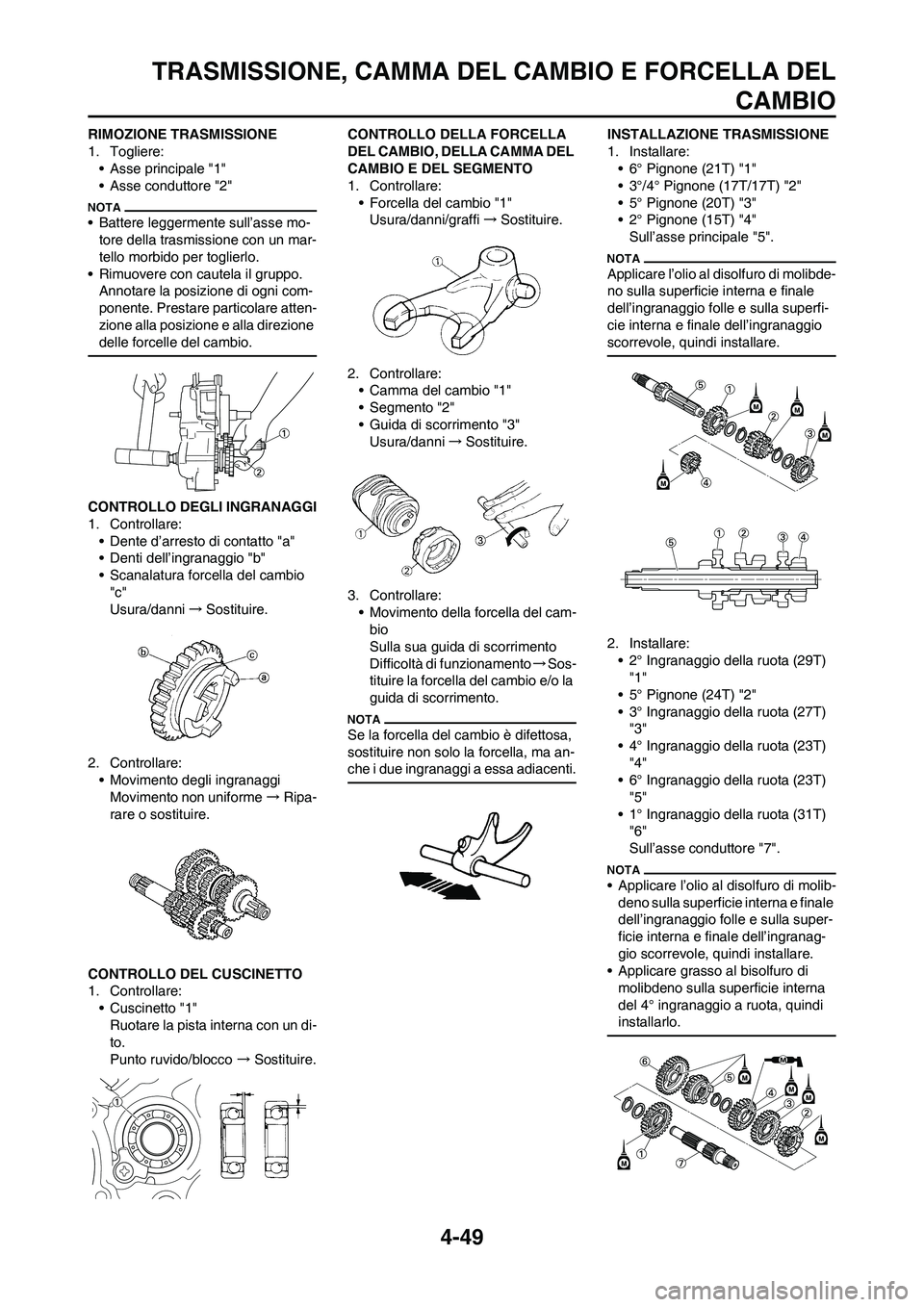 YAMAHA YZ125LC 2010 Manuale duso (in Italian) 4-49
TRASMISSIONE, CAMMA DEL CAMBIO E FORCELLA DEL
CAMBIO
RIMOZIONE TRASMISSIONE
1. Togliere:
• Asse principale "1"
• Asse conduttore "2"
• Battere leggermente sull’asse mo-
tore della trasmis YAMAHA YZ125LC 2010 Manuale duso (in Italian) 4-49
TRASMISSIONE, CAMMA DEL CAMBIO E FORCELLA DEL
CAMBIO
RIMOZIONE TRASMISSIONE
1. Togliere:
• Asse principale "1"
• Asse conduttore "2"
• Battere leggermente sull’asse mo-
tore della trasmis