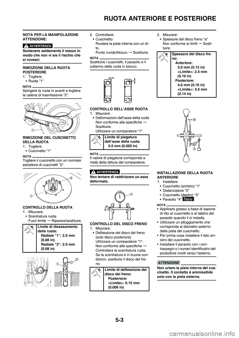 YAMAHA YZ125LC 2010 Manuale duso (in Italian) 5-3
RUOTA ANTERIORE E POSTERIORE
NOTA PER LA MANIPOLAZIONE
ATTENZIONE:
Sostenere saldamente il mezzo in
modo che non vi sia il rischio che
si rovesci.
RIMOZIONE DELLA RUOTA
POSTERIORE
1. Togliere: YAMAHA YZ125LC 2010 Manuale duso (in Italian) 5-3
RUOTA ANTERIORE E POSTERIORE
NOTA PER LA MANIPOLAZIONE
ATTENZIONE:
Sostenere saldamente il mezzo in
modo che non vi sia il rischio che
si rovesci.
RIMOZIONE DELLA RUOTA
POSTERIORE
1. Togliere: