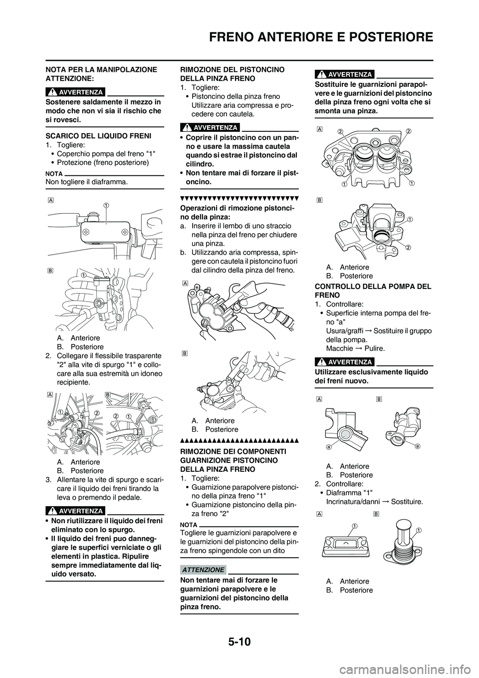 YAMAHA YZ125LC 2010 Manuale duso (in Italian) 5-10
FRENO ANTERIORE E POSTERIORE
NOTA PER LA MANIPOLAZIONE
ATTENZIONE:
Sostenere saldamente il mezzo in
modo che non vi sia il rischio che
si rovesci.
SCARICO DEL LIQUIDO FRENI
1. Togliere:
• Co YAMAHA YZ125LC 2010 Manuale duso (in Italian) 5-10
FRENO ANTERIORE E POSTERIORE
NOTA PER LA MANIPOLAZIONE
ATTENZIONE:
Sostenere saldamente il mezzo in
modo che non vi sia il rischio che
si rovesci.
SCARICO DEL LIQUIDO FRENI
1. Togliere:
• Co
