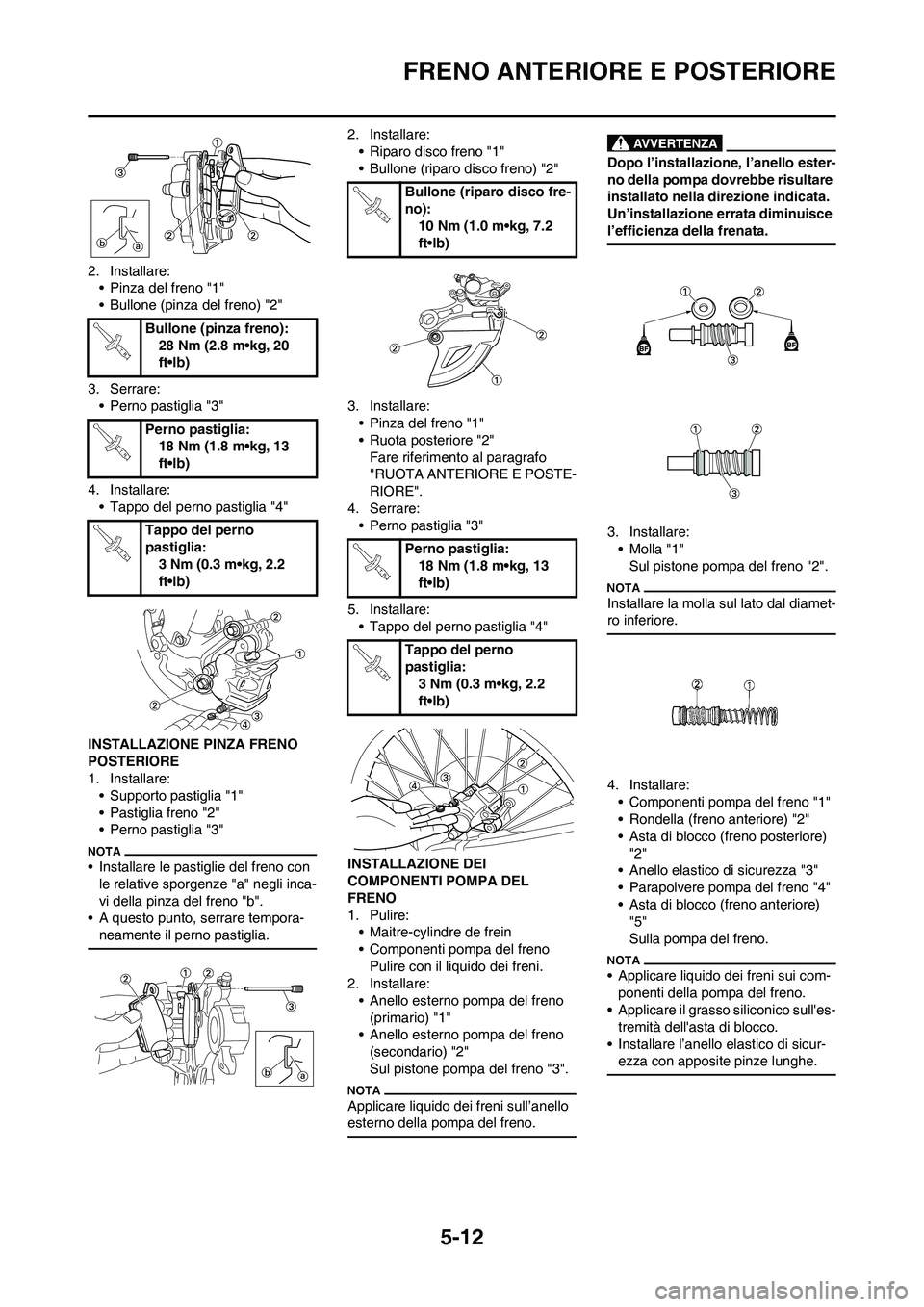 YAMAHA YZ125LC 2010 Manuale duso (in Italian) 5-12
FRENO ANTERIORE E POSTERIORE
2. Installare:
• Pinza del freno "1"
• Bullone (pinza del freno) "2"
3. Serrare:
• Perno pastiglia "3"
4. Installare:
• Tappo del perno pastiglia "4"
INSTALLA YAMAHA YZ125LC 2010 Manuale duso (in Italian) 5-12
FRENO ANTERIORE E POSTERIORE
2. Installare:
• Pinza del freno "1"
• Bullone (pinza del freno) "2"
3. Serrare:
• Perno pastiglia "3"
4. Installare:
• Tappo del perno pastiglia "4"
INSTALLA