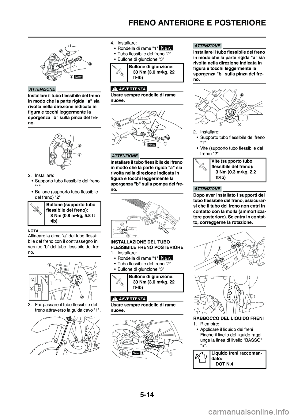 YAMAHA YZ125LC 2010 Manuale duso (in Italian) 5-14
FRENO ANTERIORE E POSTERIORE
Installare il tubo flessibile del freno
in modo che la parte rigida "a" sia
rivolta nella direzione indicata in
figura e tocchi leggermente la
sporgenza "b" sulla YAMAHA YZ125LC 2010 Manuale duso (in Italian) 5-14
FRENO ANTERIORE E POSTERIORE
Installare il tubo flessibile del freno
in modo che la parte rigida "a" sia
rivolta nella direzione indicata in
figura e tocchi leggermente la
sporgenza "b" sulla