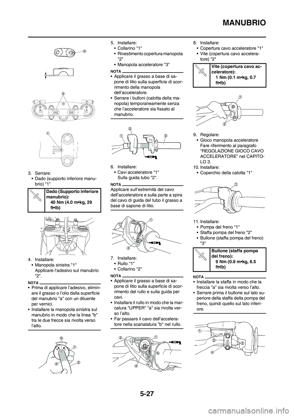 YAMAHA YZ125LC 2010 Manuale duso (in Italian) 5-27
MANUBRIO
3. Serrare:
• Dado (supporto inferiore manu-
brio) "1"
4. Installare:
• Manopola sinistra "1"
Applicare l’adesivo sul manubrio
"2".
• Prima di applicare l’adesivo, elimin-
are YAMAHA YZ125LC 2010 Manuale duso (in Italian) 5-27
MANUBRIO
3. Serrare:
• Dado (supporto inferiore manu-
brio) "1"
4. Installare:
• Manopola sinistra "1"
Applicare l’adesivo sul manubrio
"2".
• Prima di applicare l’adesivo, elimin-
are