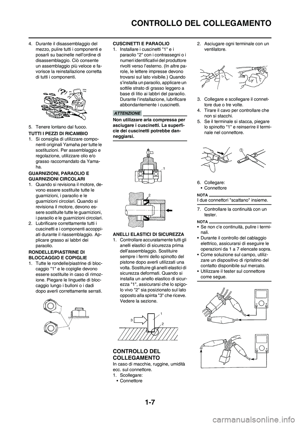 YAMAHA YZ125LC 2010  Manuale duso (in Italian) 1-7
CONTROLLO DEL COLLEGAMENTO
4. Durante il disassemblaggio del 
mezzo, pulire tutti i componenti e 
posarli su bacinelle nell’ordine di 
disassemblaggio. Ciò consente 
un assemblaggio più veloce