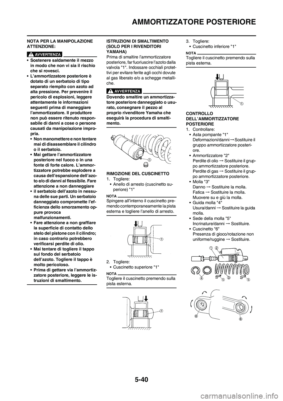 YAMAHA YZ125LC 2010 Manuale duso (in Italian) 5-40
AMMORTIZZATORE POSTERIORE
NOTA PER LA MANIPOLAZIONE
ATTENZIONE:
• Sostenere saldamente il mezzo
in modo che non vi sia il rischio
che si rovesci.
• L’ammortizzatore posteriore è
dotato YAMAHA YZ125LC 2010 Manuale duso (in Italian) 5-40
AMMORTIZZATORE POSTERIORE
NOTA PER LA MANIPOLAZIONE
ATTENZIONE:
• Sostenere saldamente il mezzo
in modo che non vi sia il rischio
che si rovesci.
• L’ammortizzatore posteriore è
dotato