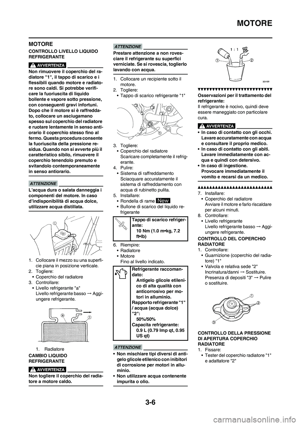 YAMAHA YZ125LC 2010 Manuale duso (in Italian) 3-6
MOTORE
MOTORE
CONTROLLO LIVELLO LIQUIDO
REFRIGERANTE
Non rimuovere il coperchio del ra-
diatore "1", il tappo di scarico e i
flessibili quando motore e radiato-
re sono caldi. Si potrebbe verifi YAMAHA YZ125LC 2010 Manuale duso (in Italian) 3-6
MOTORE
MOTORE
CONTROLLO LIVELLO LIQUIDO
REFRIGERANTE
Non rimuovere il coperchio del ra-
diatore "1", il tappo di scarico e i
flessibili quando motore e radiato-
re sono caldi. Si potrebbe verifi