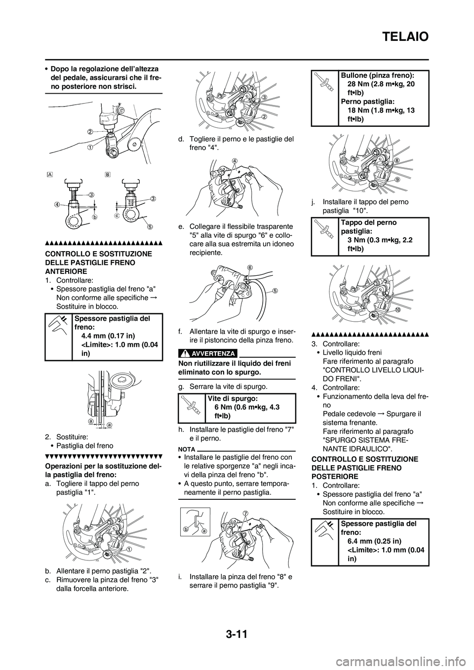 YAMAHA YZ125LC 2010 Manuale duso (in Italian) 3-11
TELAIO
• Dopo la regolazione dell’altezza
del pedale, assicurarsi che il fre-
no posteriore non strisci.
CONTROLLO E SOSTITUZIONE
DELLE PASTIGLIE FRENO
ANTERIORE
1. Controllare:
• Spesso YAMAHA YZ125LC 2010 Manuale duso (in Italian) 3-11
TELAIO
• Dopo la regolazione dell’altezza
del pedale, assicurarsi che il fre-
no posteriore non strisci.
CONTROLLO E SOSTITUZIONE
DELLE PASTIGLIE FRENO
ANTERIORE
1. Controllare:
• Spesso