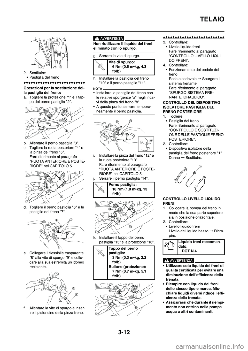 YAMAHA YZ125LC 2010 Manuale duso (in Italian) 3-12
TELAIO
2. Sostituire:
• Pastiglia del freno
Operazioni per la sostituzione del-
la pastiglia del freno:
a. Togliere la protezione "1" e il tap-
po del perno pastiglia "2".
b. Allentare il perno YAMAHA YZ125LC 2010 Manuale duso (in Italian) 3-12
TELAIO
2. Sostituire:
• Pastiglia del freno
Operazioni per la sostituzione del-
la pastiglia del freno:
a. Togliere la protezione "1" e il tap-
po del perno pastiglia "2".
b. Allentare il perno