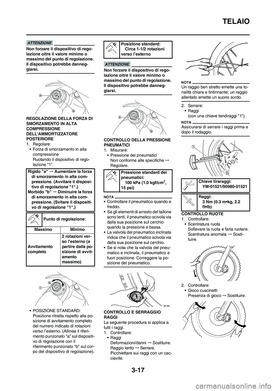 YAMAHA YZ125LC 2010 Manuale duso (in Italian) 3-17
TELAIO
Non forzare il dispositivo di rego-
lazione oltre il valore minimo o
massimo del punto di regolazione.
Il dispositivo potrebbe danneg-
giarsi.
REGOLAZIONE DELLA FORZA DI
SMORZAMENTO IN YAMAHA YZ125LC 2010 Manuale duso (in Italian) 3-17
TELAIO
Non forzare il dispositivo di rego-
lazione oltre il valore minimo o
massimo del punto di regolazione.
Il dispositivo potrebbe danneg-
giarsi.
REGOLAZIONE DELLA FORZA DI
SMORZAMENTO IN