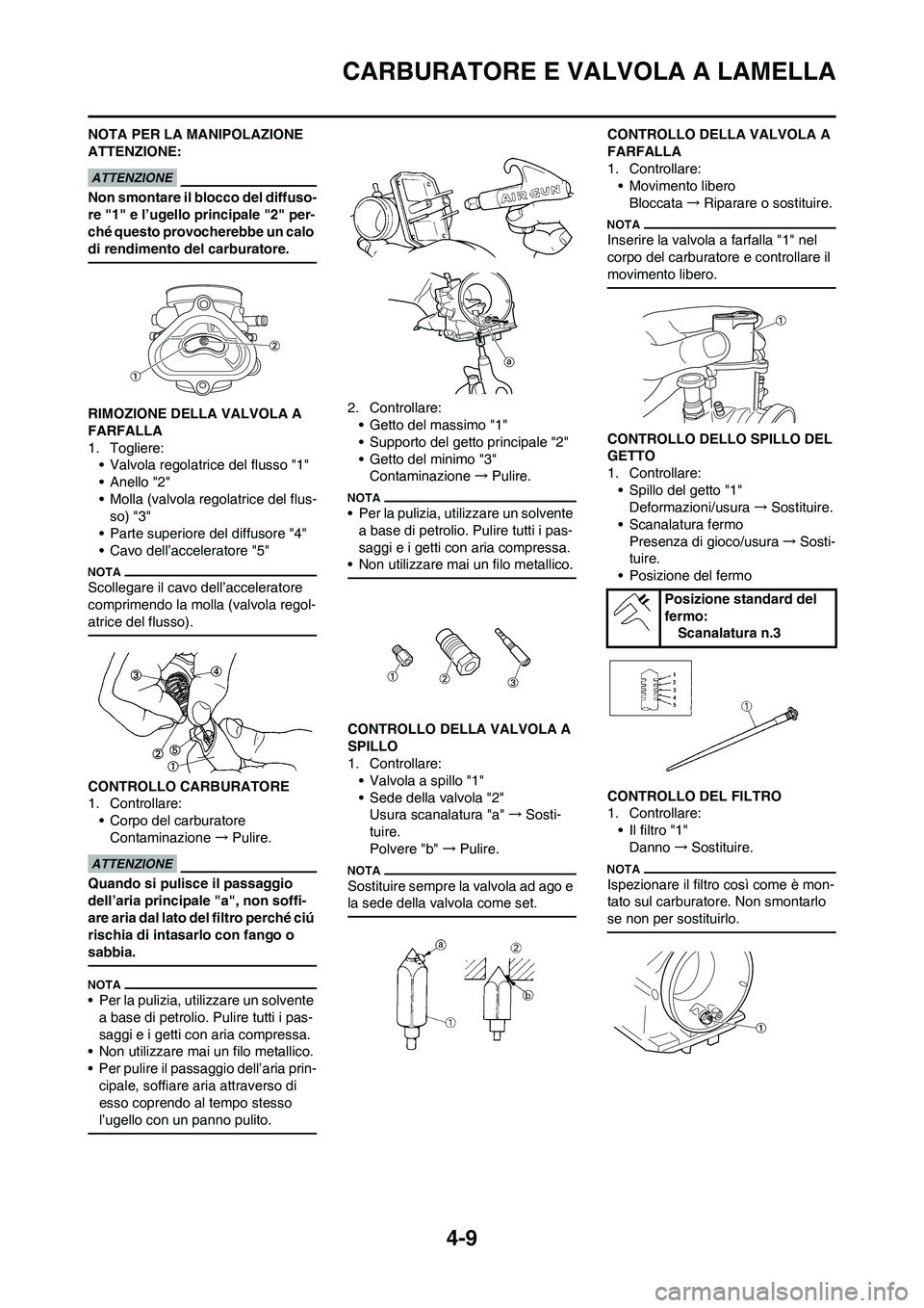 YAMAHA YZ125LC 2010 Manuale duso (in Italian) 4-9
CARBURATORE E VALVOLA A LAMELLA
NOTA PER LA MANIPOLAZIONE
ATTENZIONE:
Non smontare il blocco del diffuso-
re "1" e l’ugello principale "2" per-
ché questo provocherebbe un calo
di rendimento YAMAHA YZ125LC 2010 Manuale duso (in Italian) 4-9
CARBURATORE E VALVOLA A LAMELLA
NOTA PER LA MANIPOLAZIONE
ATTENZIONE:
Non smontare il blocco del diffuso-
re "1" e l’ugello principale "2" per-
ché questo provocherebbe un calo
di rendimento