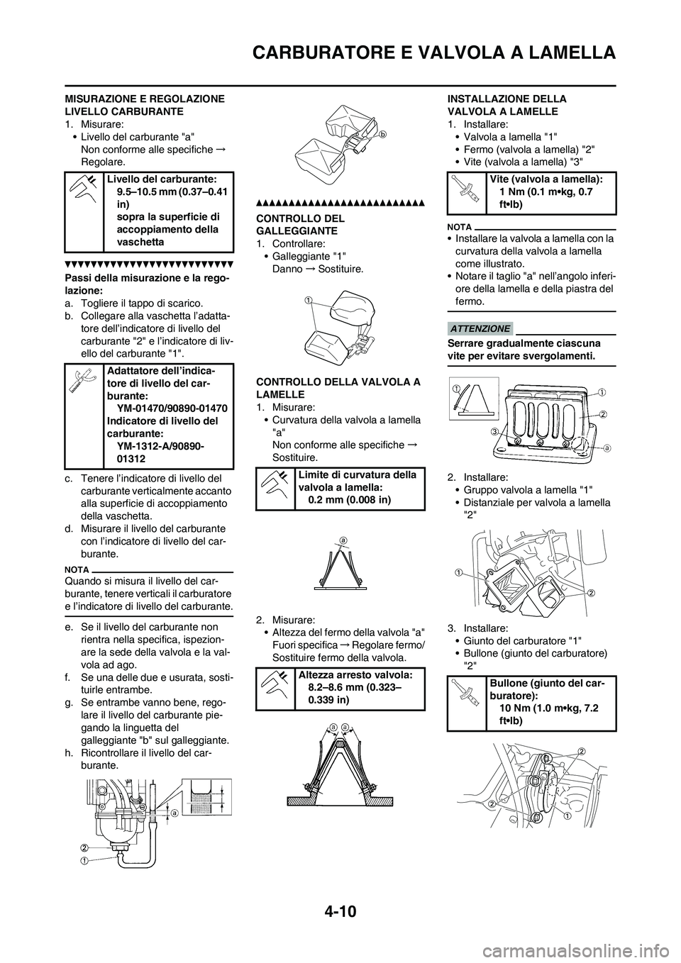 YAMAHA YZ125LC 2010 Manuale duso (in Italian) 4-10
CARBURATORE E VALVOLA A LAMELLA
MISURAZIONE E REGOLAZIONE
LIVELLO CARBURANTE
1. Misurare:
• Livello del carburante "a"
Non conforme alle specifiche→
Regolare.
Passi della misurazione e la re YAMAHA YZ125LC 2010 Manuale duso (in Italian) 4-10
CARBURATORE E VALVOLA A LAMELLA
MISURAZIONE E REGOLAZIONE
LIVELLO CARBURANTE
1. Misurare:
• Livello del carburante "a"
Non conforme alle specifiche→
Regolare.
Passi della misurazione e la re