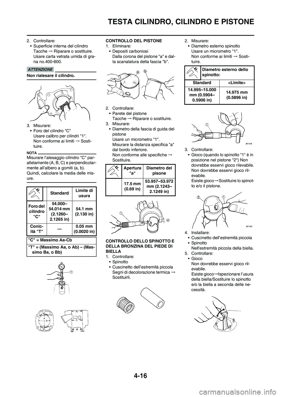 YAMAHA YZ125LC 2010 Manuale duso (in Italian) 4-16
TESTA CILINDRO, CILINDRO E PISTONE
2. Controllare:
• Superficie interna del cilindro
Tacche→Riparare o sostituire.
Usare carta vetrata umida di gra-
na no.400-600.
Non rialesare il cilindro.
YAMAHA YZ125LC 2010 Manuale duso (in Italian) 4-16
TESTA CILINDRO, CILINDRO E PISTONE
2. Controllare:
• Superficie interna del cilindro
Tacche→Riparare o sostituire.
Usare carta vetrata umida di gra-
na no.400-600.
Non rialesare il cilindro.