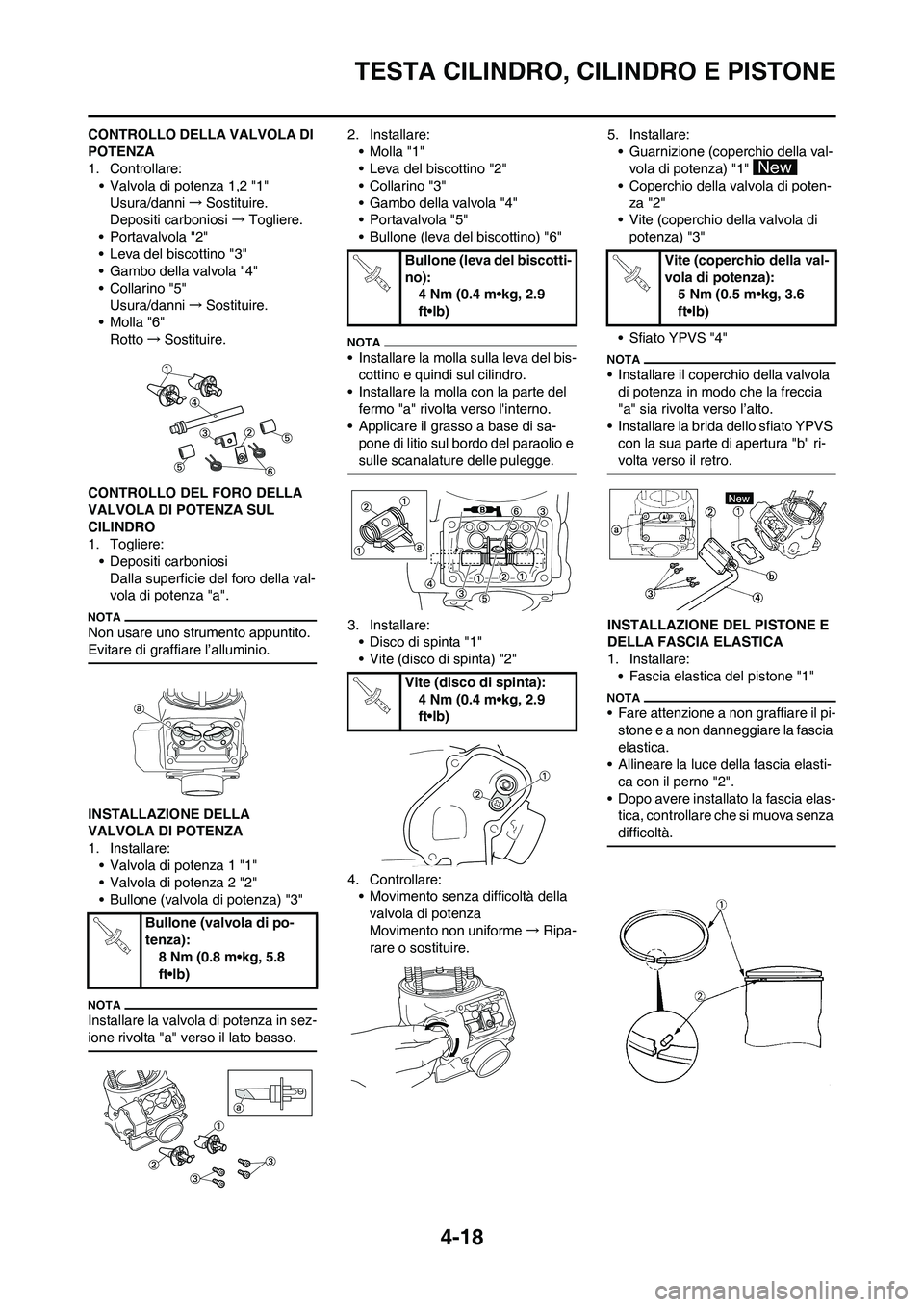 YAMAHA YZ125LC 2010 Manuale duso (in Italian) 4-18
TESTA CILINDRO, CILINDRO E PISTONE
CONTROLLO DELLA VALVOLA DI
POTENZA
1. Controllare:
• Valvola di potenza 1,2 "1"
Usura/danni→Sostituire.
Depositi carboniosi→Togliere.
• Portavalvola "2 YAMAHA YZ125LC 2010 Manuale duso (in Italian) 4-18
TESTA CILINDRO, CILINDRO E PISTONE
CONTROLLO DELLA VALVOLA DI
POTENZA
1. Controllare:
• Valvola di potenza 1,2 "1"
Usura/danni→Sostituire.
Depositi carboniosi→Togliere.
• Portavalvola "2