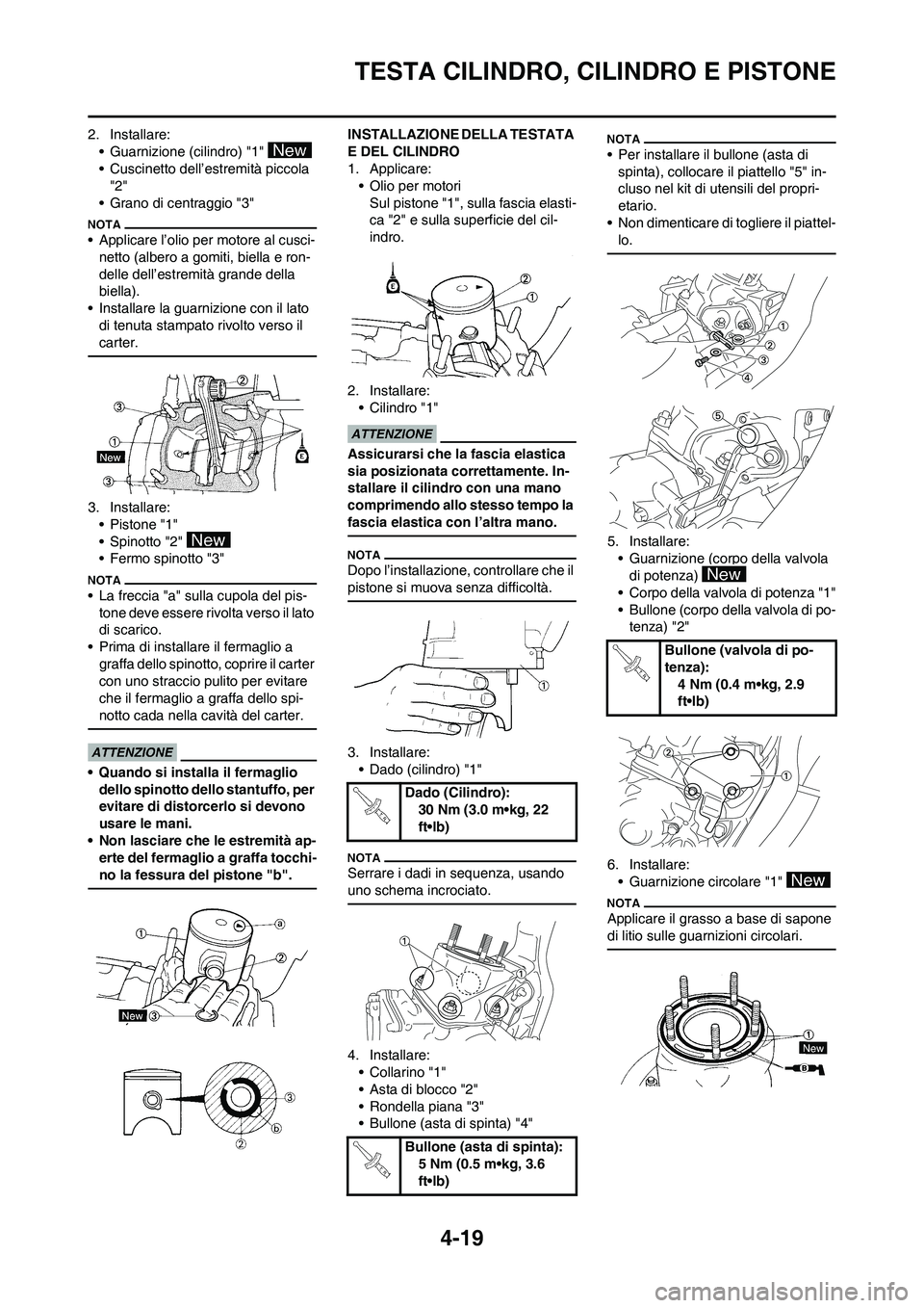 YAMAHA YZ125LC 2010 Manuale duso (in Italian) 4-19
TESTA CILINDRO, CILINDRO E PISTONE
2. Installare:
• Guarnizione (cilindro) "1"
• Cuscinetto dell’estremità piccola
"2"
• Grano di centraggio "3"
• Applicare l’olio per motore al cu YAMAHA YZ125LC 2010 Manuale duso (in Italian) 4-19
TESTA CILINDRO, CILINDRO E PISTONE
2. Installare:
• Guarnizione (cilindro) "1"
• Cuscinetto dell’estremità piccola
"2"
• Grano di centraggio "3"
• Applicare l’olio per motore al cu