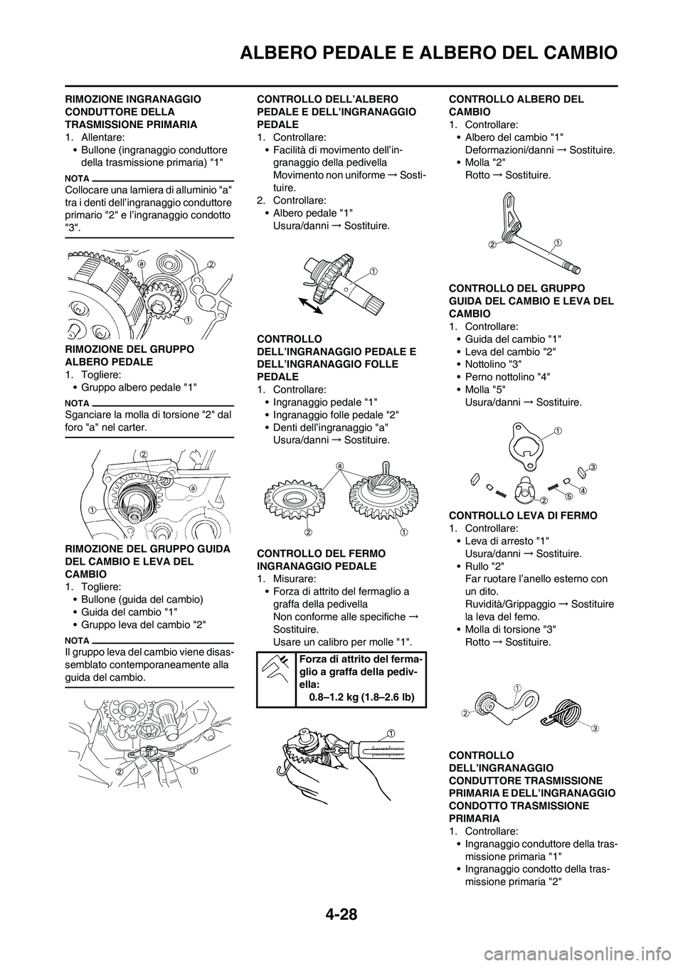 YAMAHA YZ125LC 2010 Manuale duso (in Italian) 4-28
ALBERO PEDALE E ALBERO DEL CAMBIO
RIMOZIONE INGRANAGGIO
CONDUTTORE DELLA
TRASMISSIONE PRIMARIA
1. Allentare:
• Bullone (ingranaggio conduttore
della trasmissione primaria) "1"
Collocare una YAMAHA YZ125LC 2010 Manuale duso (in Italian) 4-28
ALBERO PEDALE E ALBERO DEL CAMBIO
RIMOZIONE INGRANAGGIO
CONDUTTORE DELLA
TRASMISSIONE PRIMARIA
1. Allentare:
• Bullone (ingranaggio conduttore
della trasmissione primaria) "1"
Collocare una