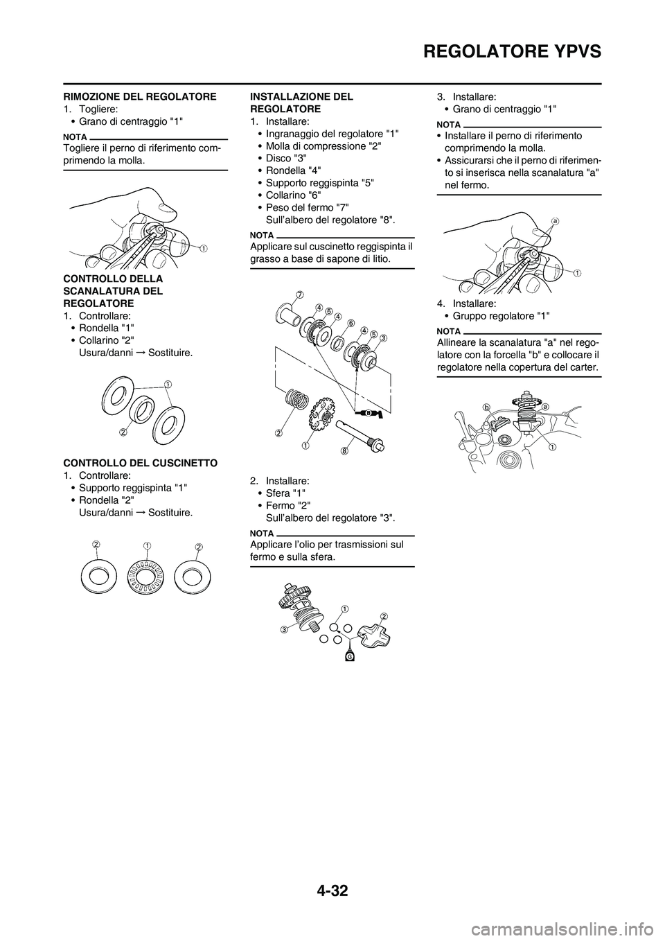 YAMAHA YZ125LC 2010 Manuale duso (in Italian) 4-32
REGOLATORE YPVS
RIMOZIONE DEL REGOLATORE
1. Togliere:
• Grano di centraggio "1"
Togliere il perno di riferimento com-
primendo la molla.
CONTROLLO DELLA
SCANALATURA DEL
REGOLATORE
1. Controll YAMAHA YZ125LC 2010 Manuale duso (in Italian) 4-32
REGOLATORE YPVS
RIMOZIONE DEL REGOLATORE
1. Togliere:
• Grano di centraggio "1"
Togliere il perno di riferimento com-
primendo la molla.
CONTROLLO DELLA
SCANALATURA DEL
REGOLATORE
1. Controll