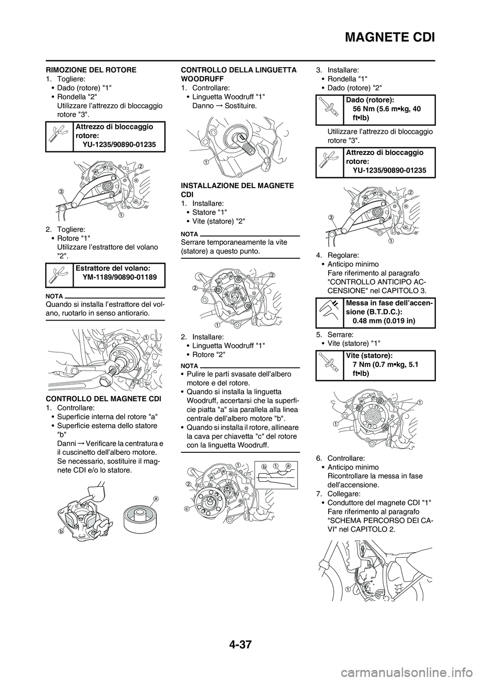 YAMAHA YZ125LC 2010 Manuale duso (in Italian) 4-37
MAGNETE CDI
RIMOZIONE DEL ROTORE
1. Togliere:
• Dado (rotore) "1"
• Rondella "2"
Utilizzare l’attrezzo di bloccaggio
rotore "3".
2. Togliere:
• Rotore "1"
Utilizzare l’estrattore del v YAMAHA YZ125LC 2010 Manuale duso (in Italian) 4-37
MAGNETE CDI
RIMOZIONE DEL ROTORE
1. Togliere:
• Dado (rotore) "1"
• Rondella "2"
Utilizzare l’attrezzo di bloccaggio
rotore "3".
2. Togliere:
• Rotore "1"
Utilizzare l’estrattore del v