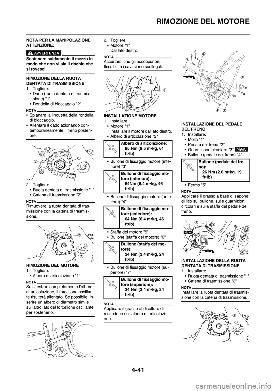 YAMAHA YZ125LC 2010 Manuale duso (in Italian) 4-41
RIMOZIONE DEL MOTORE
NOTA PER LA MANIPOLAZIONE
ATTENZIONE:
Sostenere saldamente il mezzo in
modo che non vi sia il rischio che
si rovesci.
RIMOZIONE DELLA RUOTA
DENTATA DI TRASMISSIONE
1. Tog YAMAHA YZ125LC 2010 Manuale duso (in Italian) 4-41
RIMOZIONE DEL MOTORE
NOTA PER LA MANIPOLAZIONE
ATTENZIONE:
Sostenere saldamente il mezzo in
modo che non vi sia il rischio che
si rovesci.
RIMOZIONE DELLA RUOTA
DENTATA DI TRASMISSIONE
1. Tog