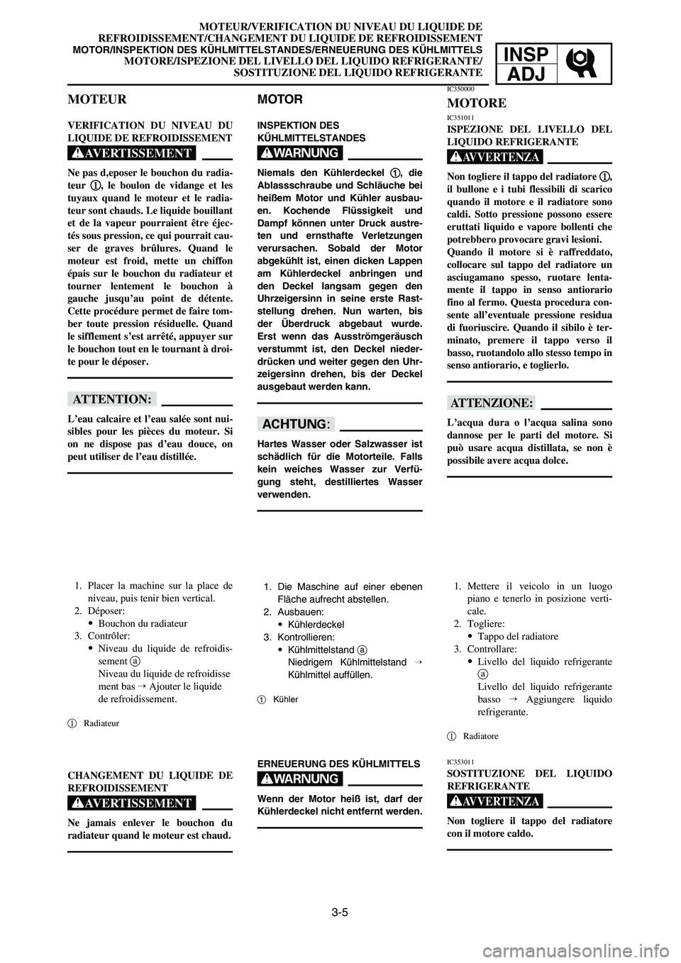 YAMAHA YZ125LC 2007  Notices Demploi (in French) 3-5
MOTEUR/VERIFICATION DU NIVEAU DU LIQUIDE DE
REFROIDISSEMENT/CHANGEMENT DU LIQUIDE DE REFROIDISSEMENT
MOTOR/INSPEKTION DES KÜHLMITTELSTANDES/ERNEUERUNG DES KÜHLMITTELSMOTORE/ISPEZIONE DEL LIVELLO