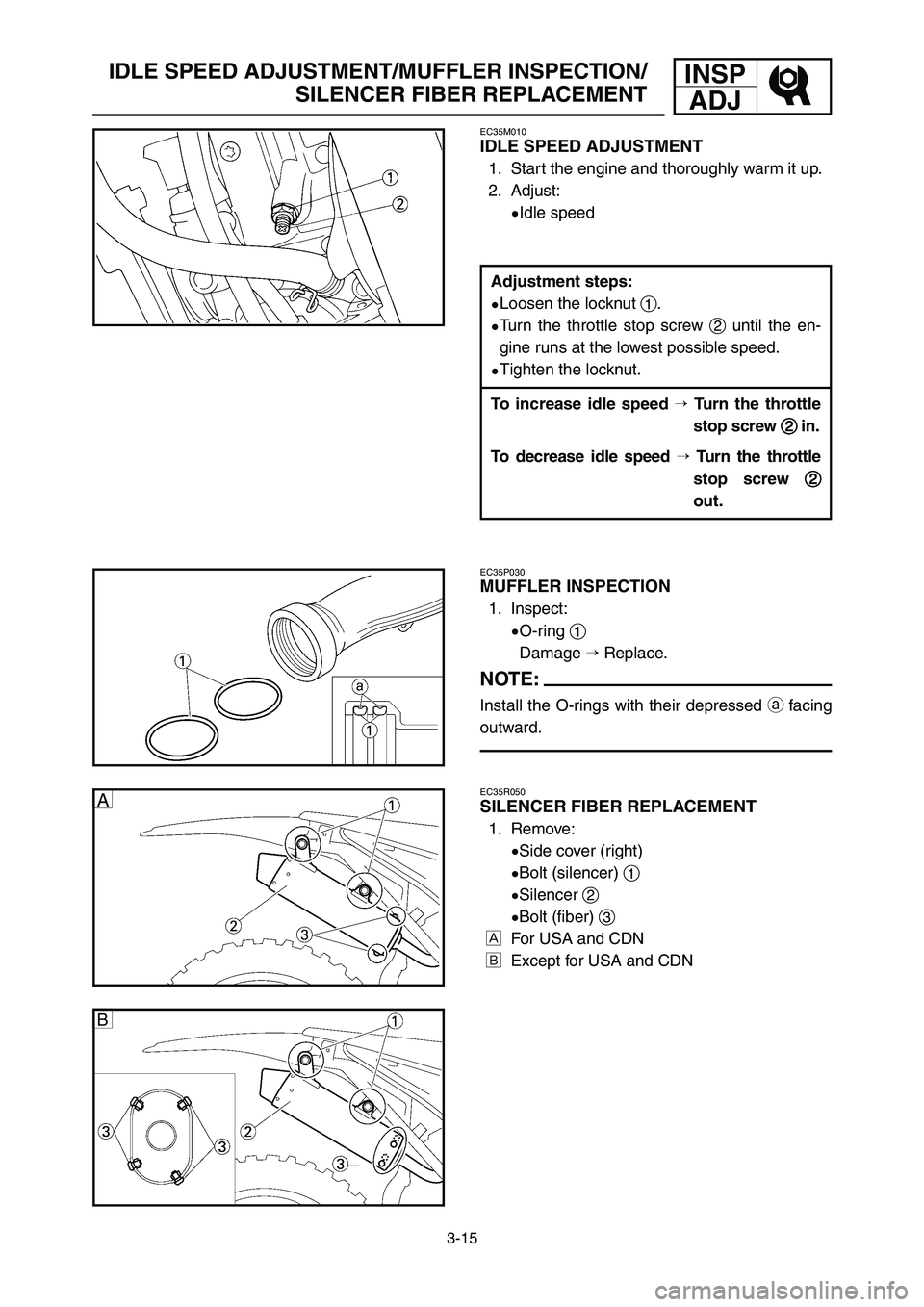 YAMAHA YZ125LC 2007  Notices Demploi (in French) 3-15
INSP
ADJIDLE SPEED ADJUSTMENT/MUFFLER INSPECTION/
SILENCER FIBER REPLACEMENT
EC35M010
IDLE SPEED ADJUSTMENT
1. Start the engine and thoroughly warm it up.
2. Adjust:
9Idle speed
EC35P030
MUFFLER 