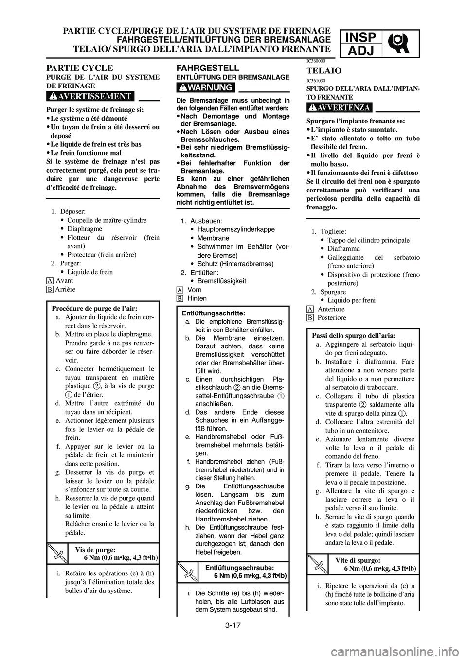 YAMAHA YZ125LC 2007  Notices Demploi (in French) 3-17
PARTIE CYCLE/PURGE DE L’AIR DU SYSTEME DE FREINAGE
FAHRGESTELL/ENTLÜFTUNG DER BREMSANLAGE
TELAIO/ SPURGO DELL’ARIA DALL’IMPIANTO FRENANTE
INSP
ADJ
Entlüftungsschritte:
a.
Die empfohlene B