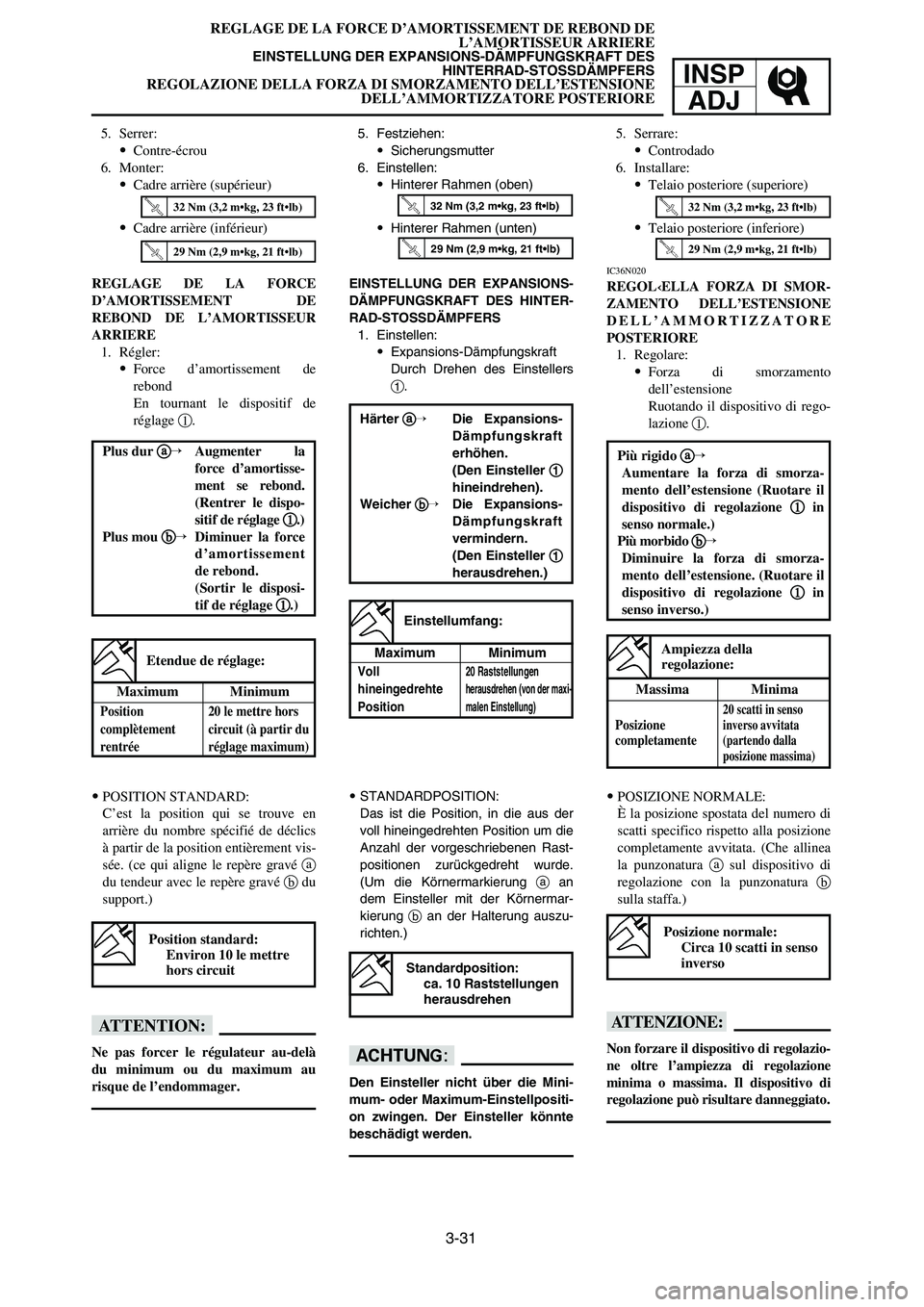 YAMAHA YZ125LC 2007  Notices Demploi (in French) 3-31
REGLAGE DE LA FORCE D’AMORTISSEMENT DE REBOND DE 
L’AMORTISSEUR ARRIERE
EINSTELLUNG DER EXPANSIONS-DÄMPFUNGSKRAFT DES 
HINTERRAD-STOSSDÄMPFERS
REGOLAZIONE DELLA FORZA DI SMORZAMENTO DELL’